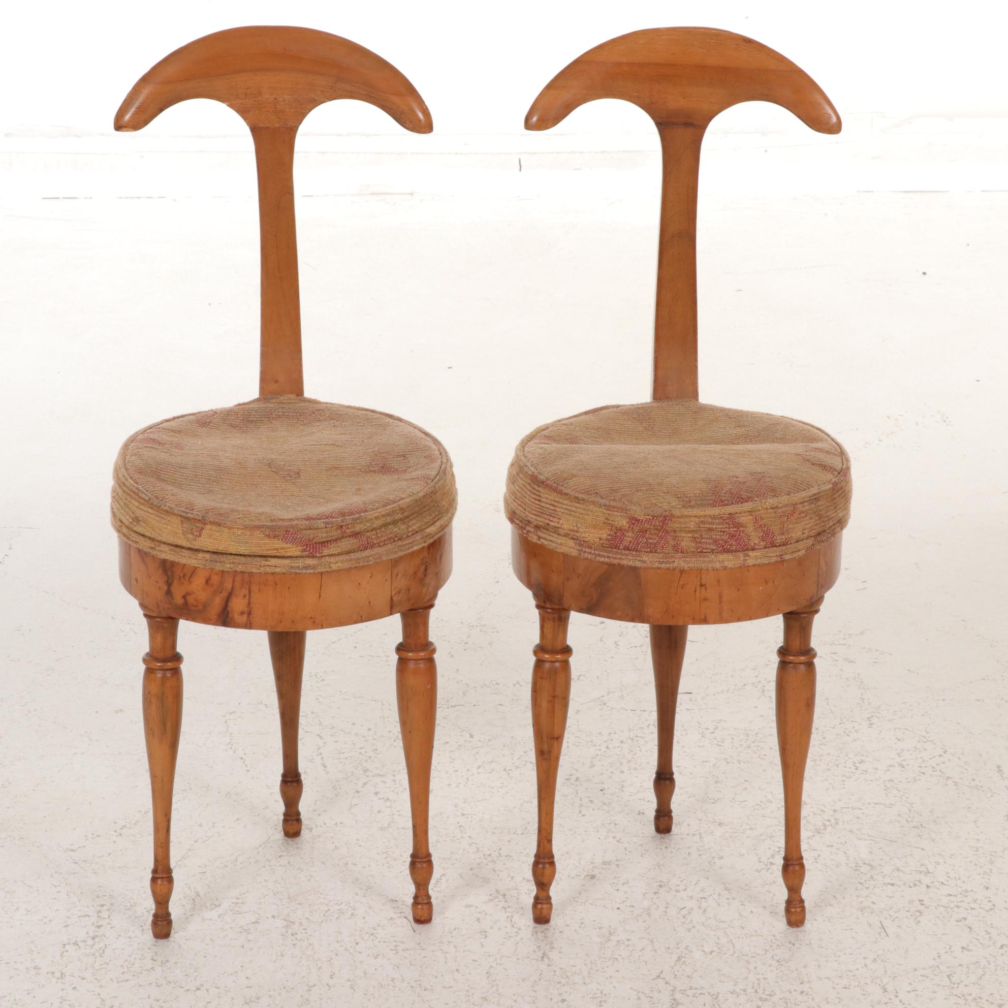 Pair of Italian Burlwood Three Leg "Cockfight" Chairs, Early 20th Century