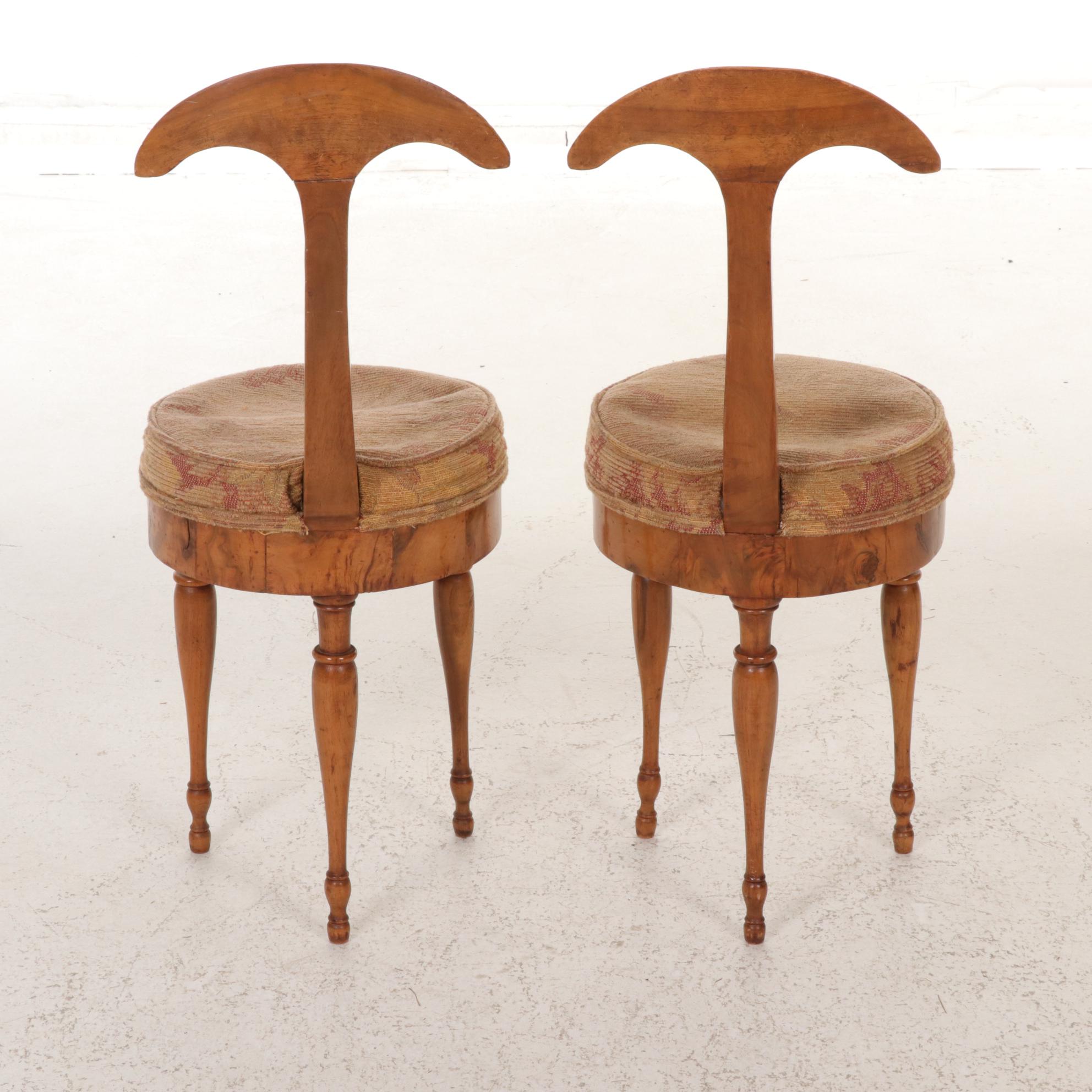 Pair of Italian Burlwood Three Leg "Cockfight" Chairs, Early 20th Century