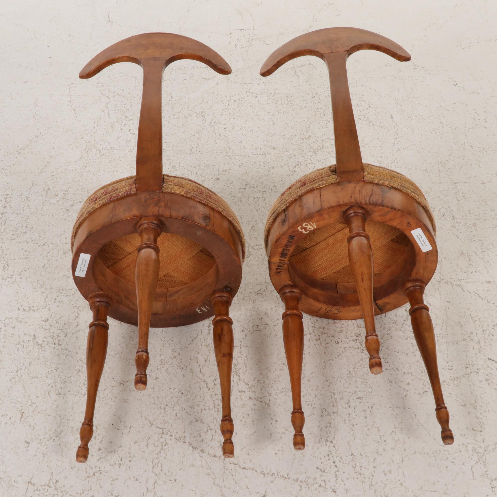 Pair of Italian Burlwood Three Leg "Cockfight" Chairs, Early 20th Century