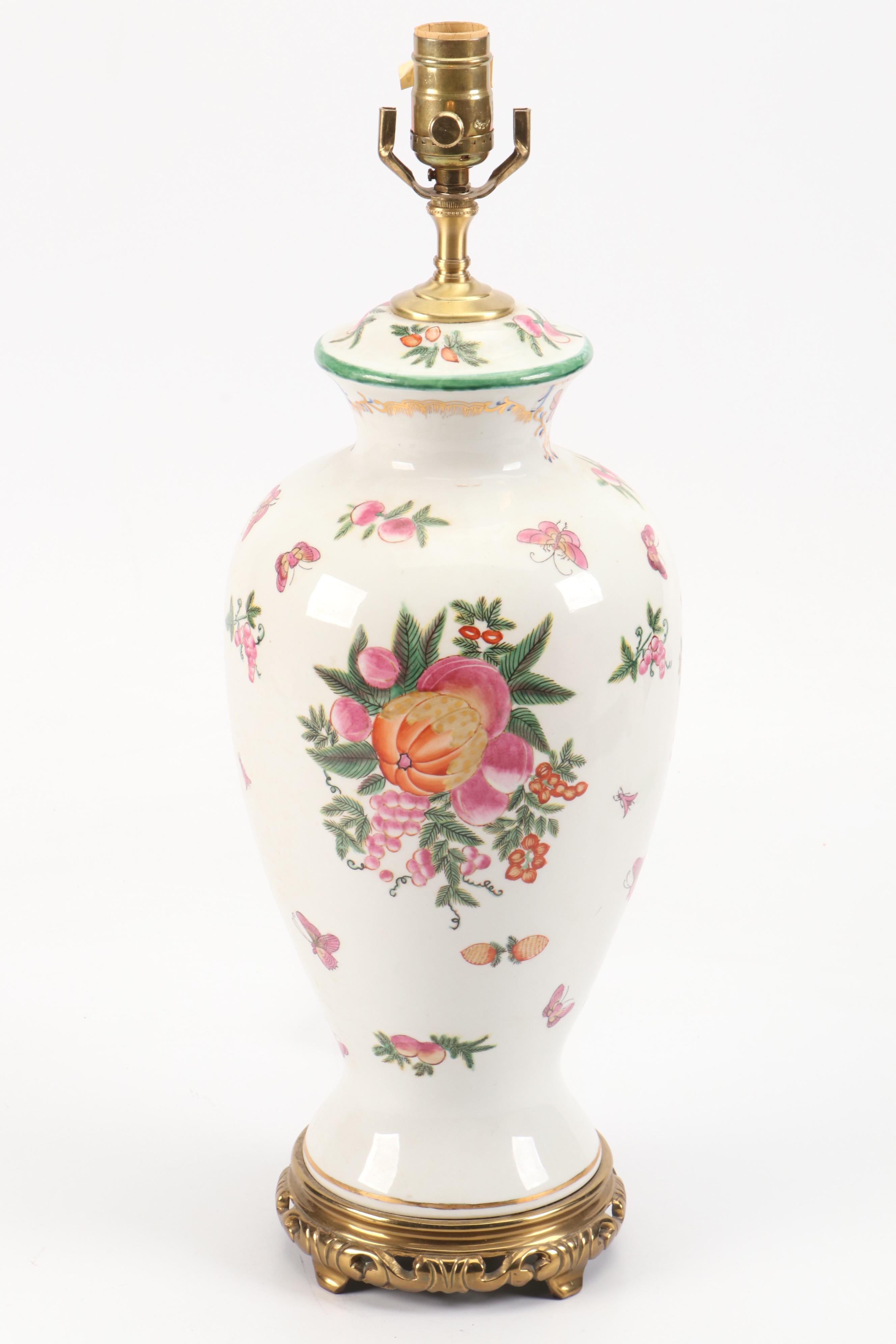 John Richard Hand-Painted Porcelain Urn Table Lamp with Pleated Panel Shade