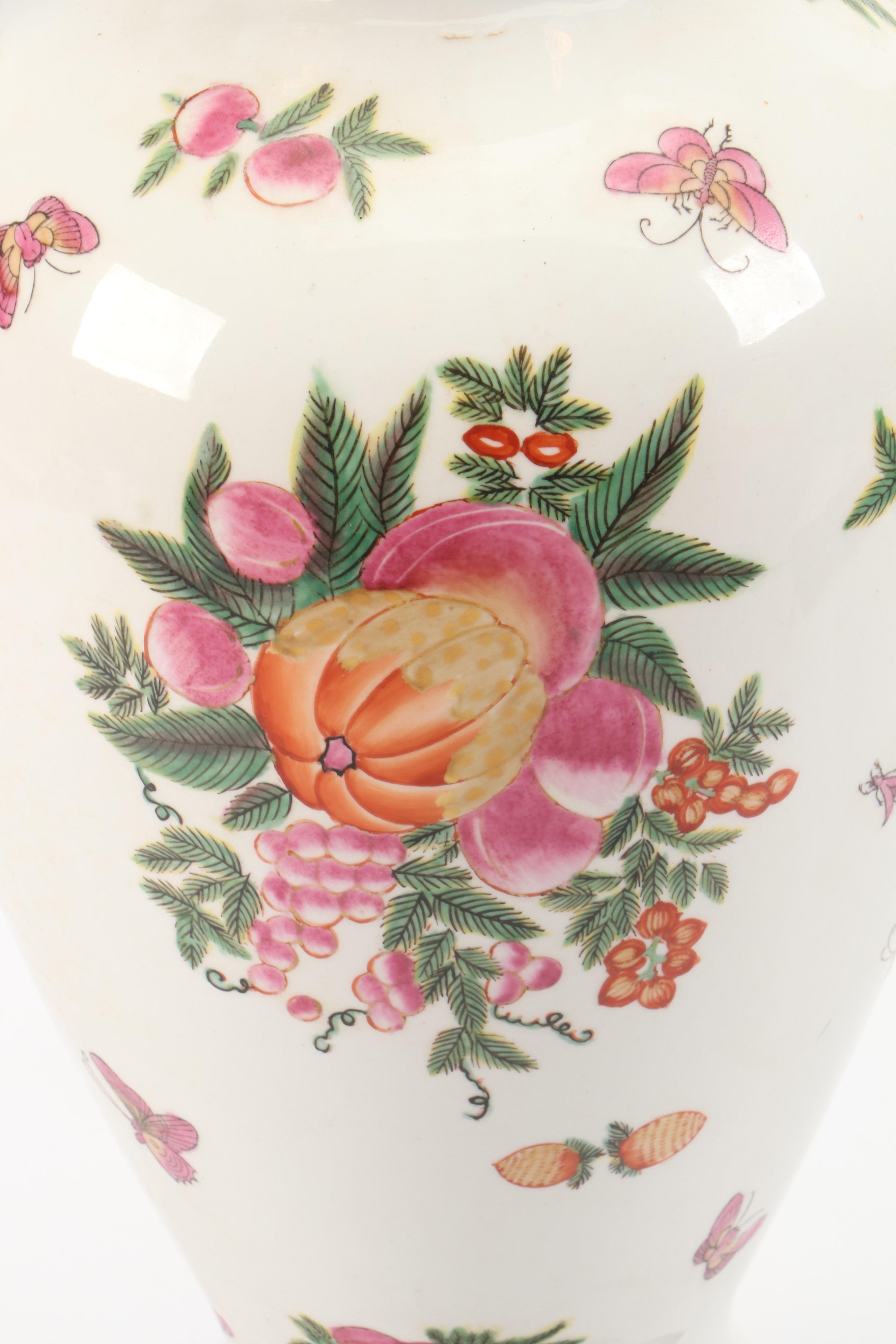 John Richard Hand-Painted Porcelain Urn Table Lamp with Pleated Panel Shade