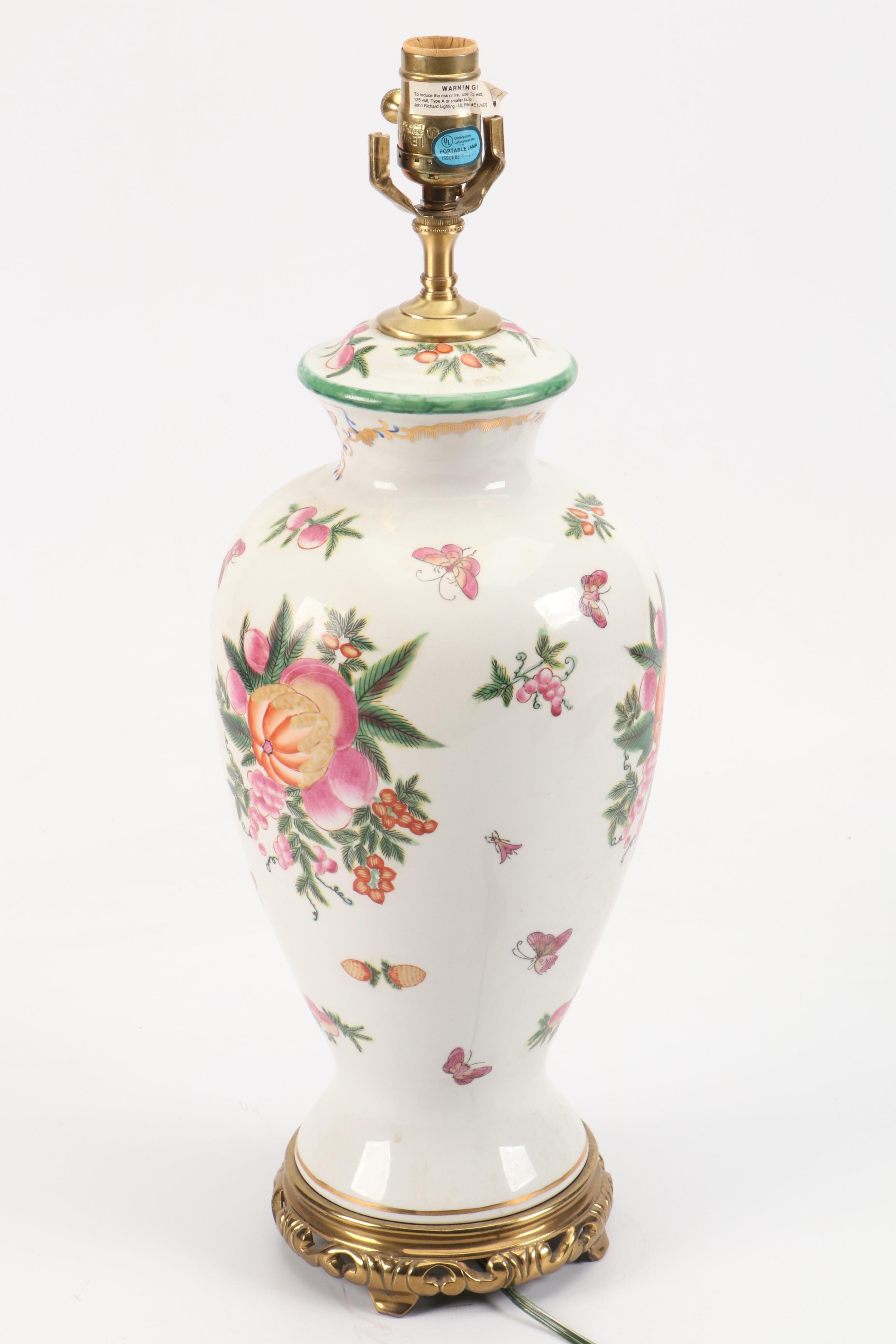 John Richard Hand-Painted Porcelain Urn Table Lamp with Pleated Panel Shade