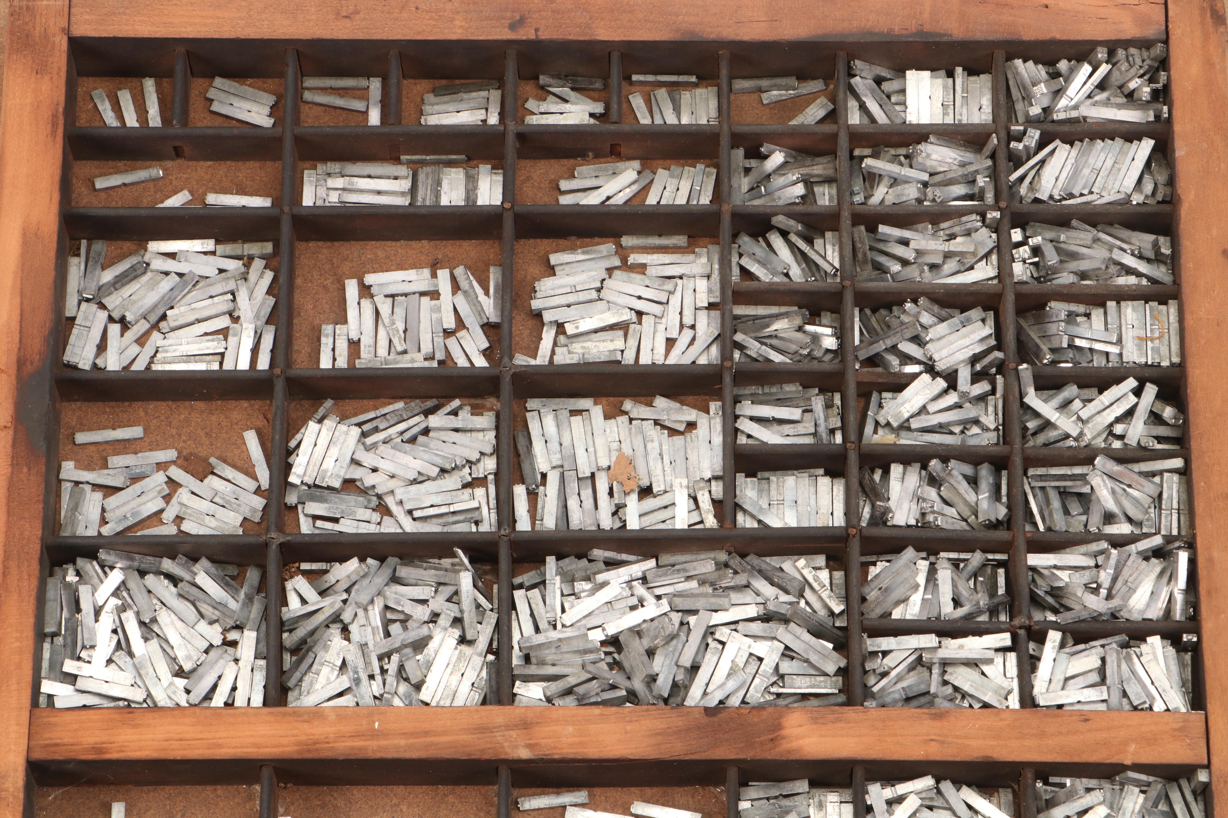 Metal Letterpress Serif Font Typecase in Organizer