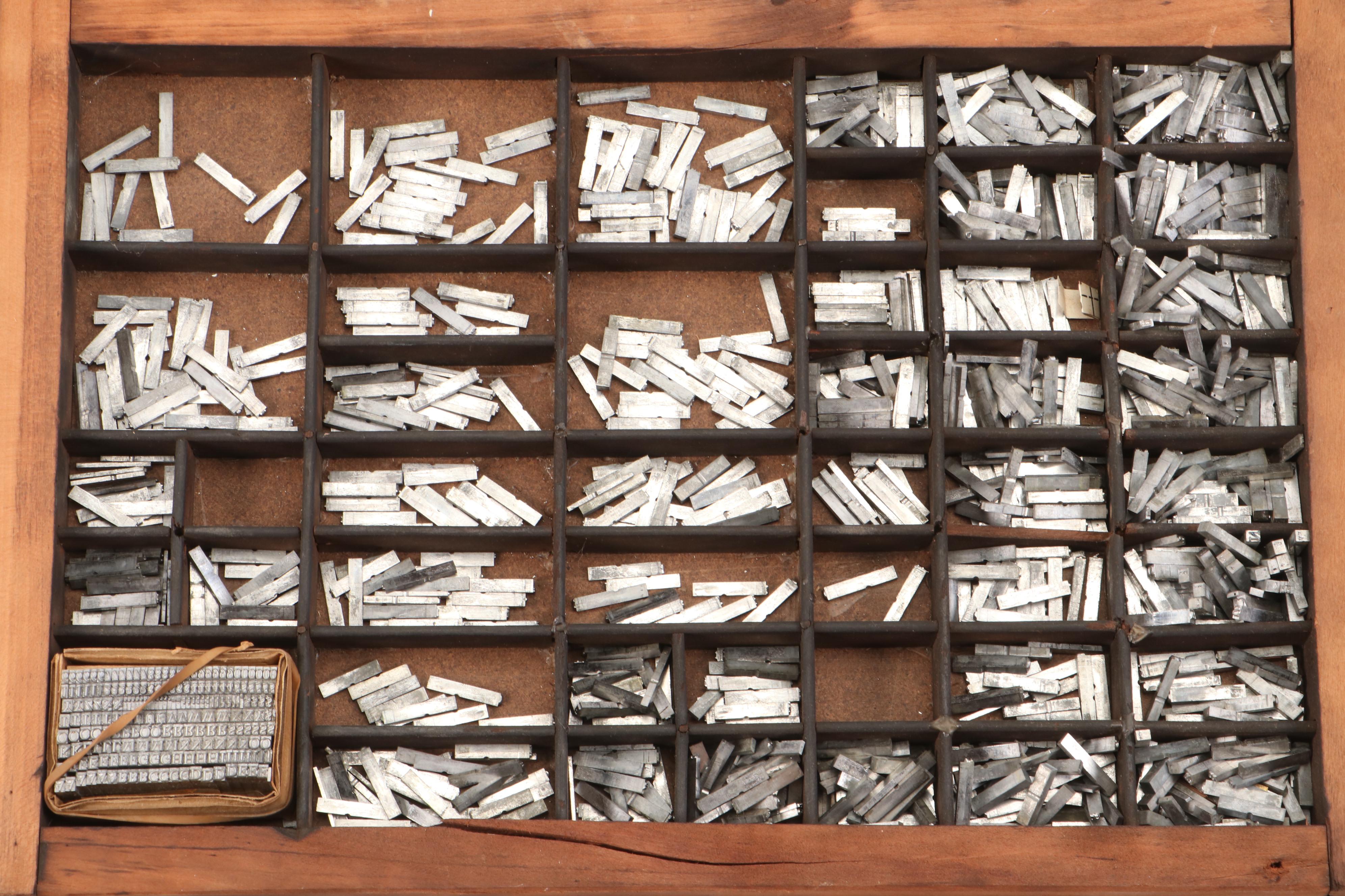 Metal Letterpress Serif Font Typecase in Organizer