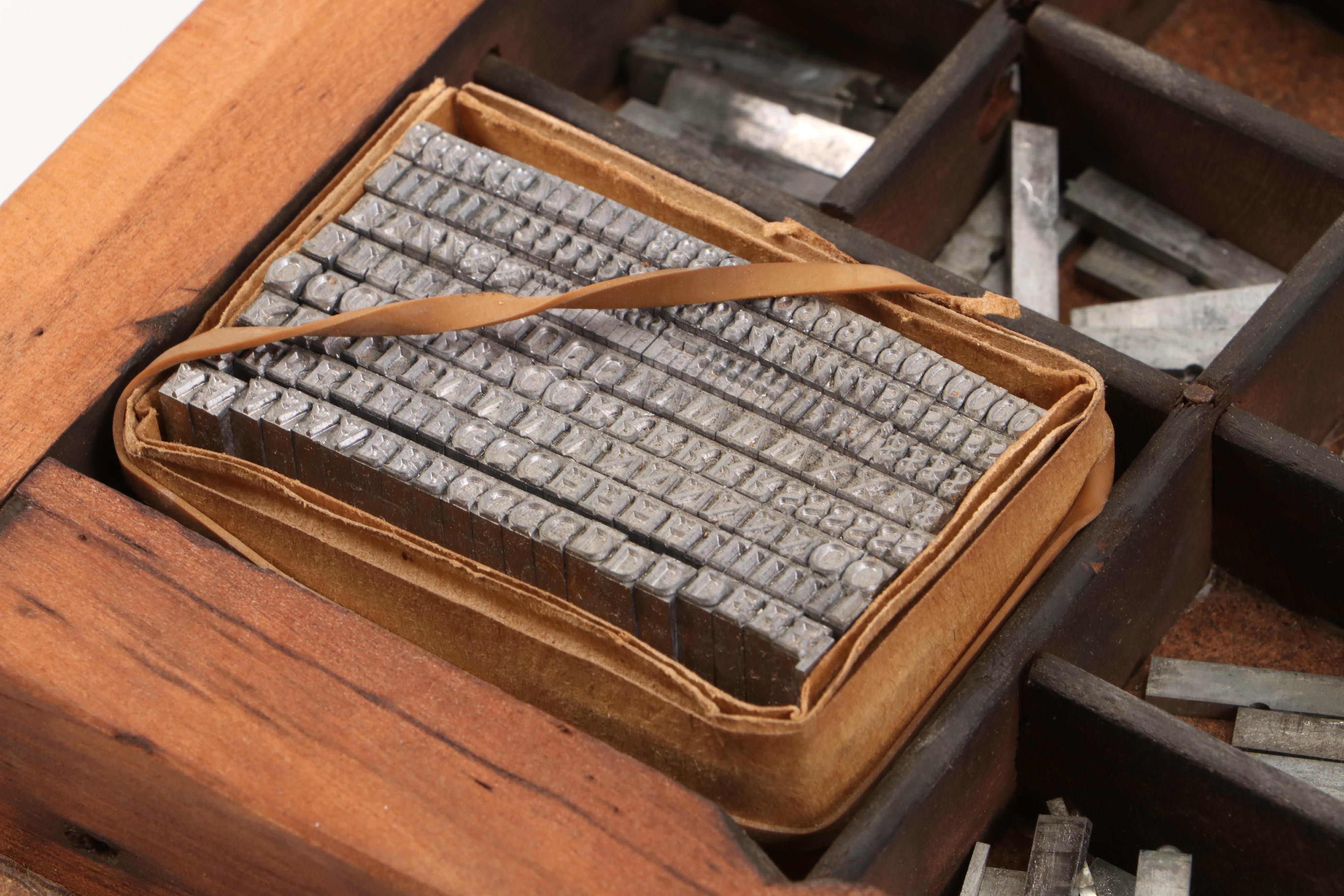 Metal Letterpress Serif Font Typecase in Organizer
