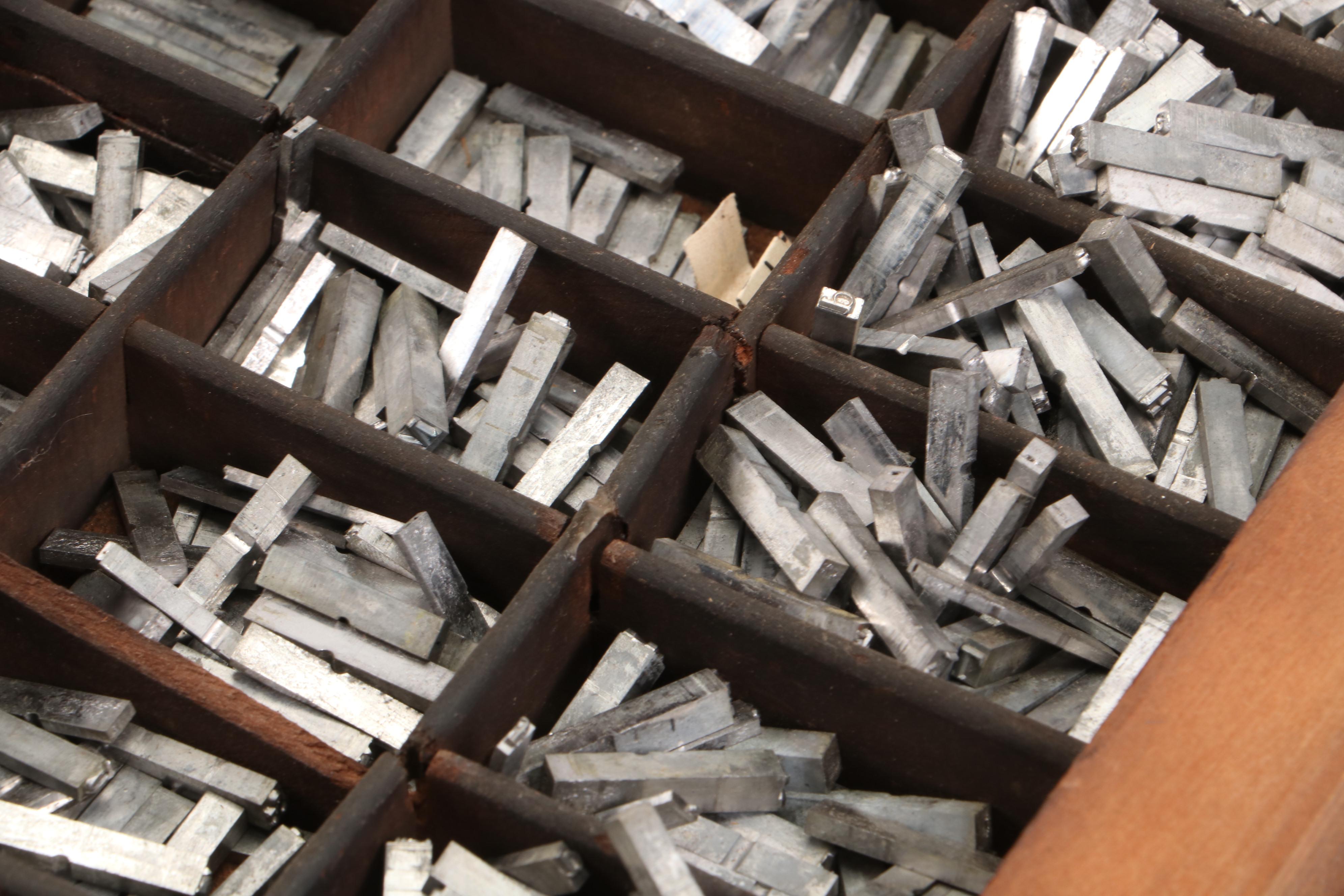 Metal Letterpress Serif Font Typecase in Organizer