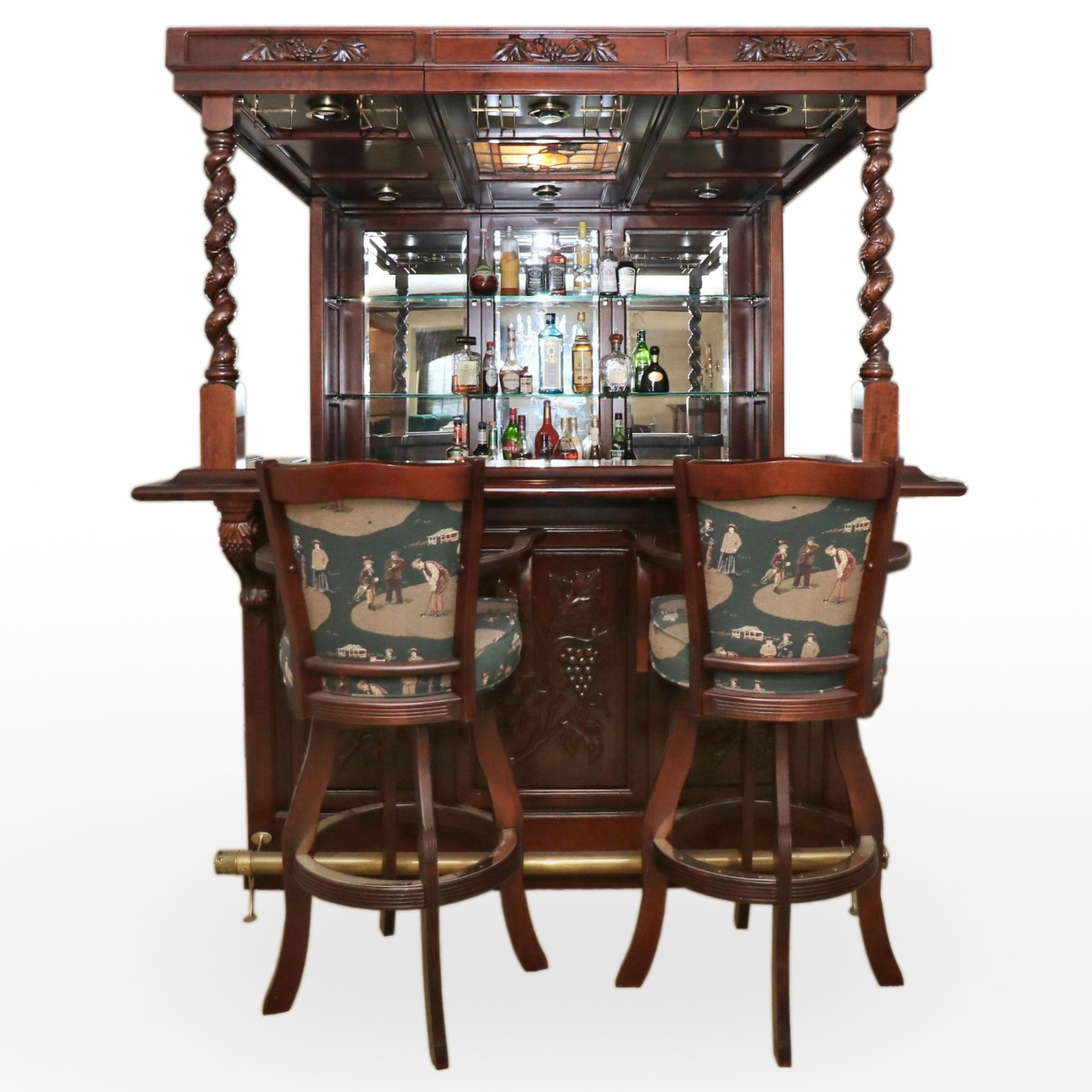 English Pub Style Freestanding Bar with Illuminated Stained Glass Canopy