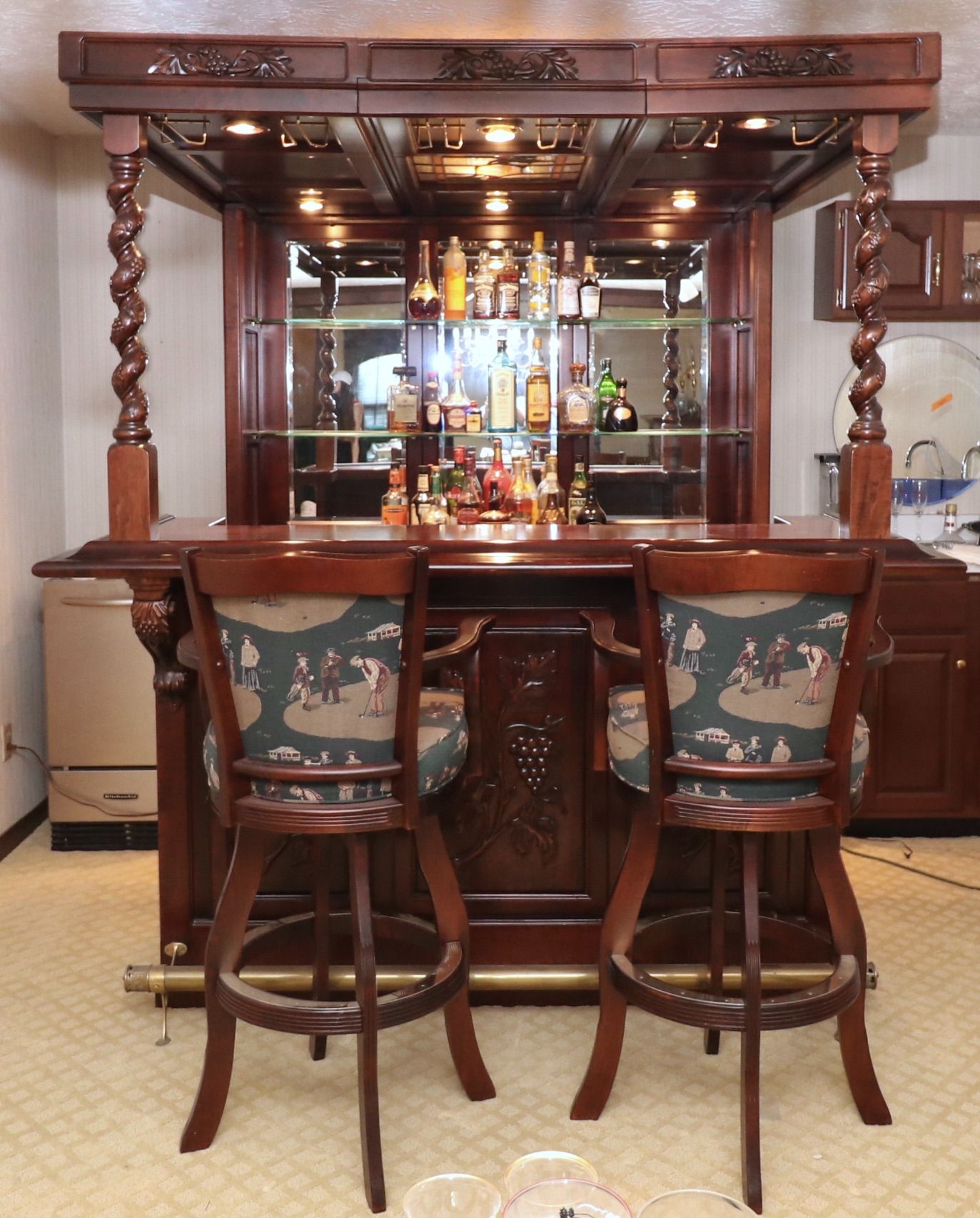 English Pub Style Freestanding Bar with Illuminated Stained Glass Canopy