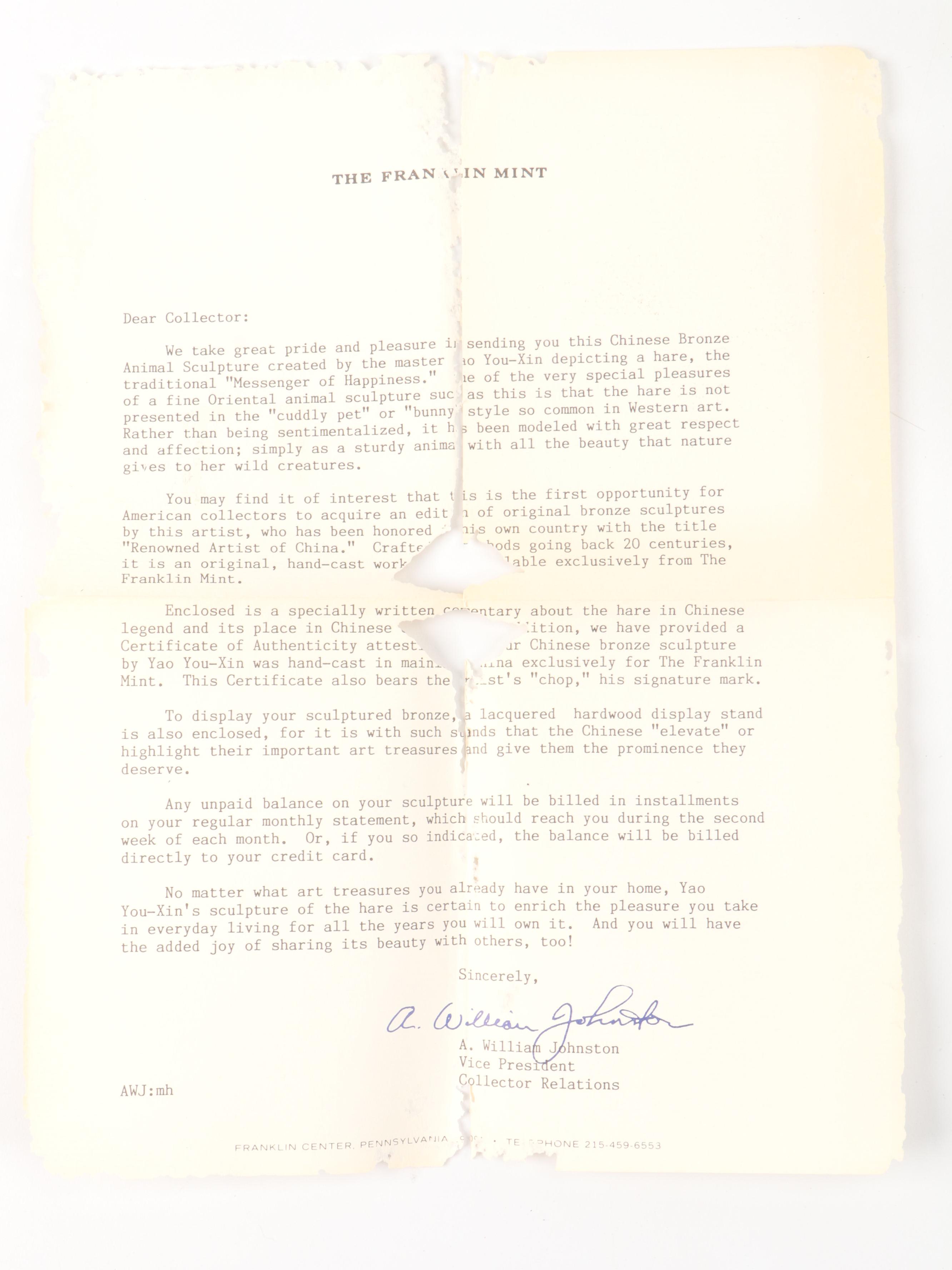 Yao You-Xin for The Franklin Mint "Messenger of Happiness" Bronze Figurine, 1985