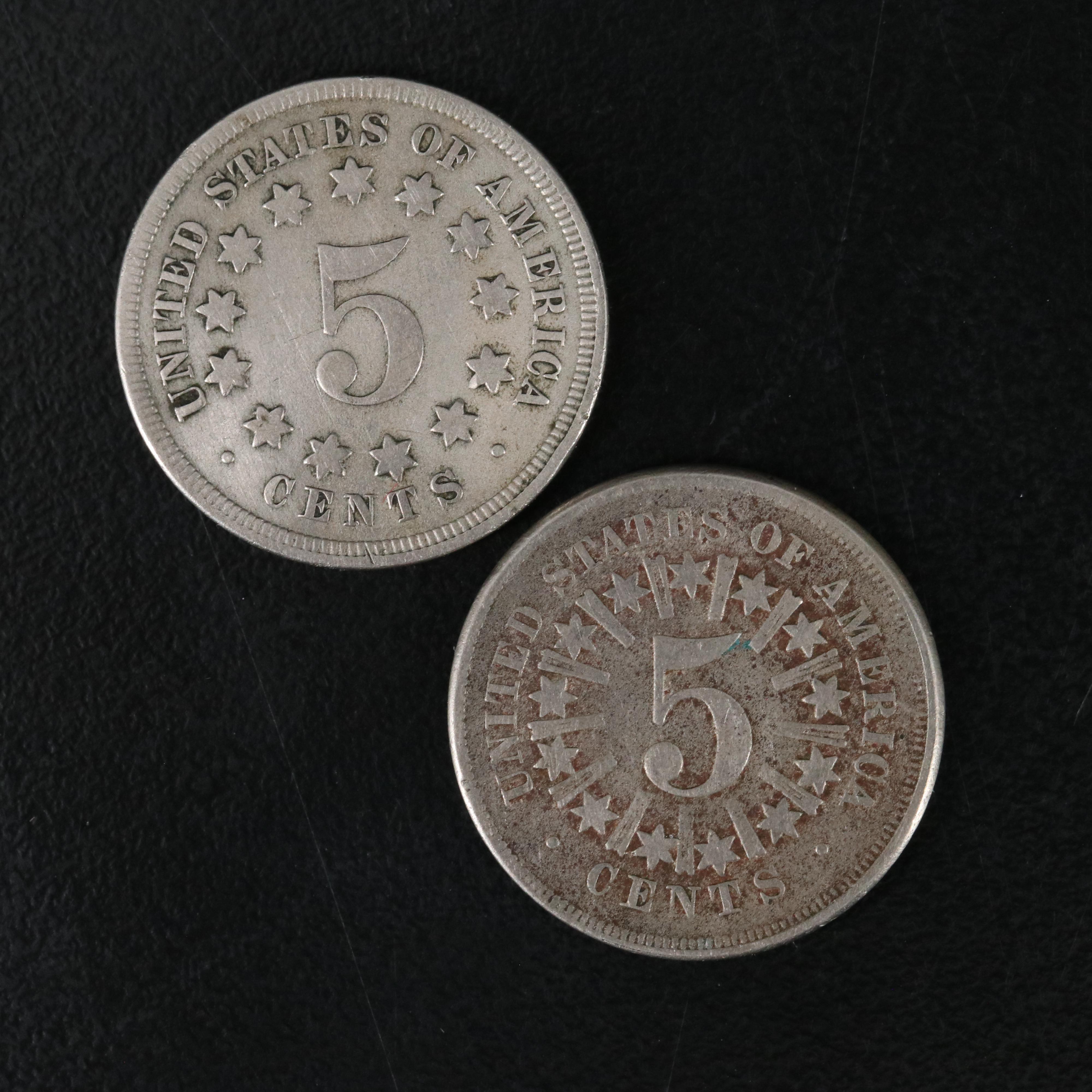 Two Shield Nickels 1866 and 1867 no Rays