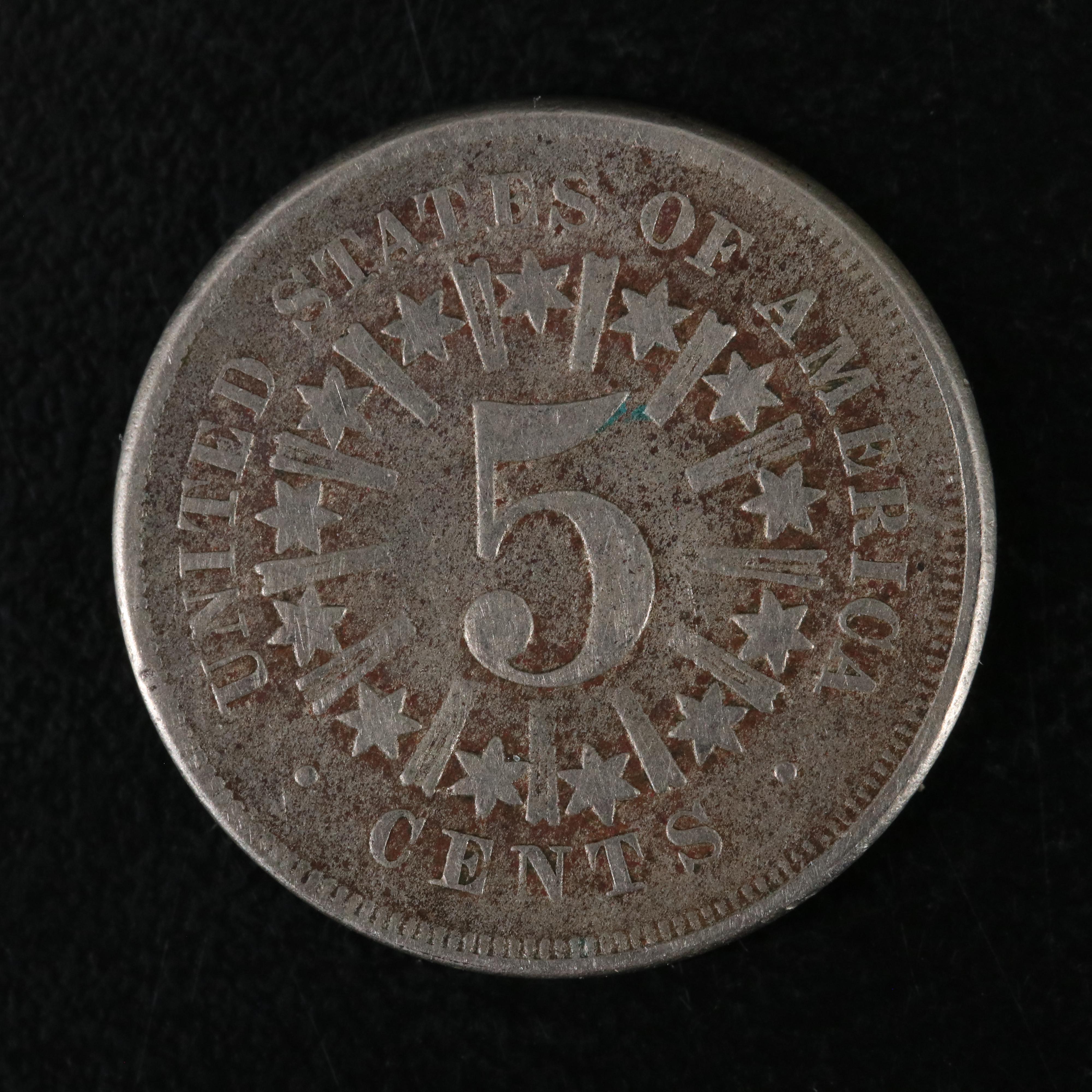 Two Shield Nickels 1866 and 1867 no Rays