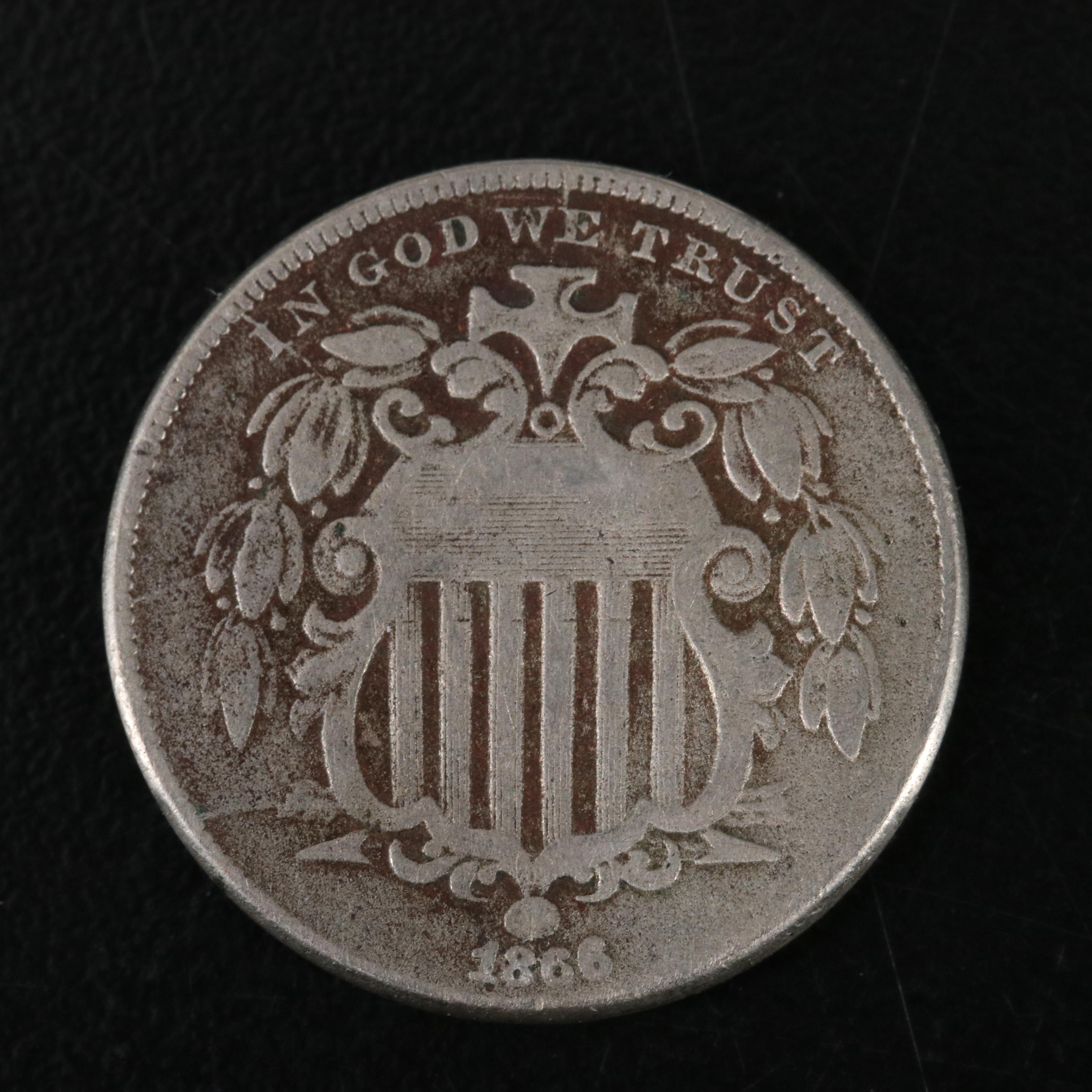 Two Shield Nickels 1866 and 1867 no Rays