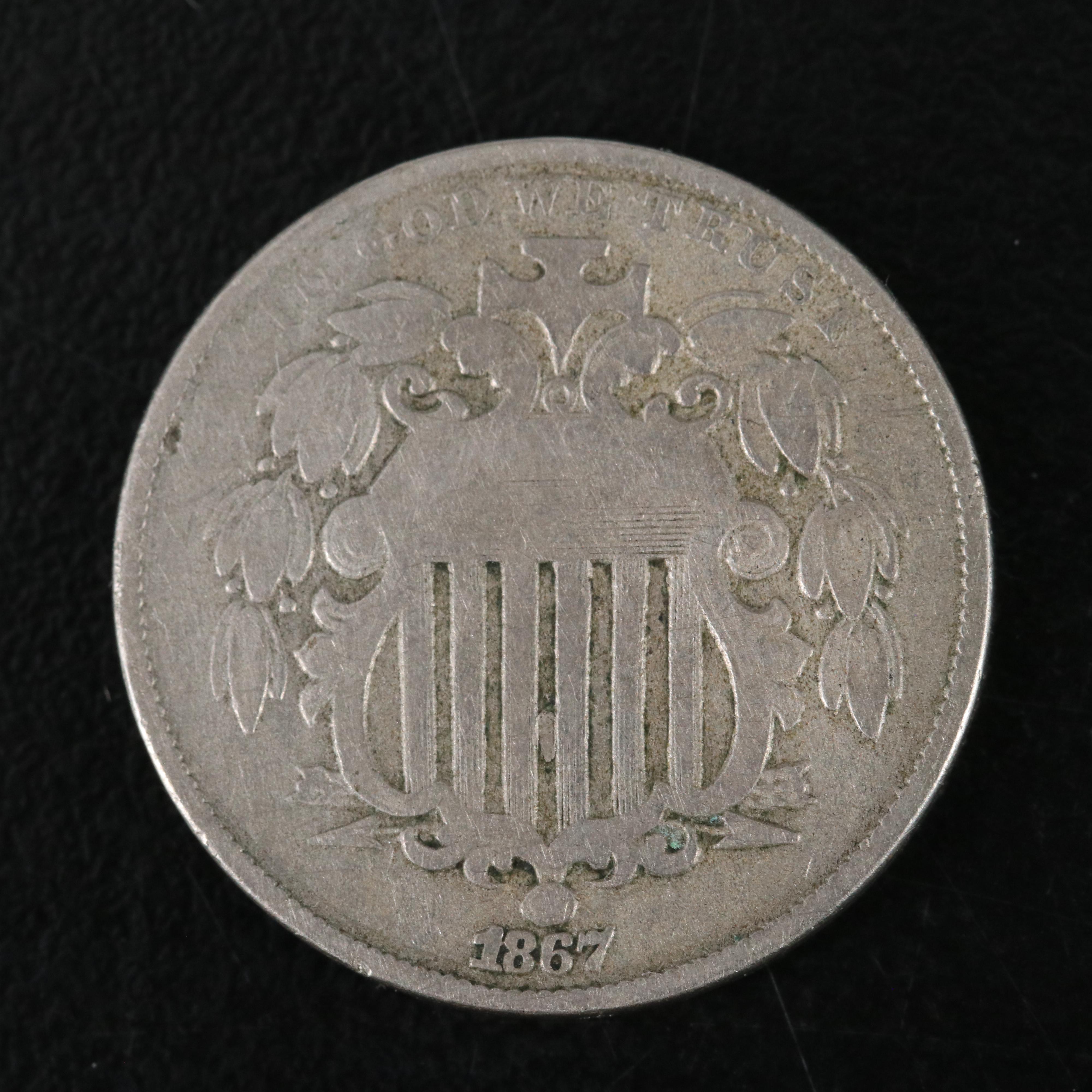 Two Shield Nickels 1866 and 1867 no Rays