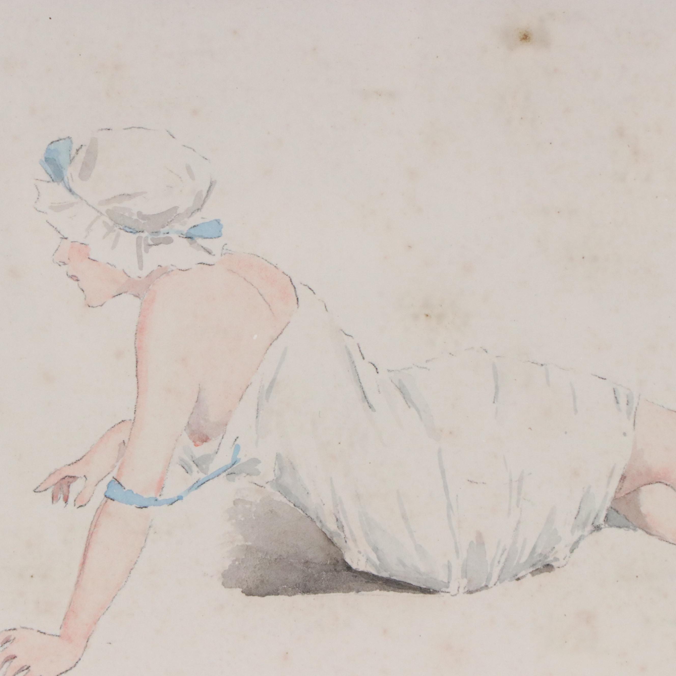 French Pinup Figure Watercolor Illustration, Early 20th Century