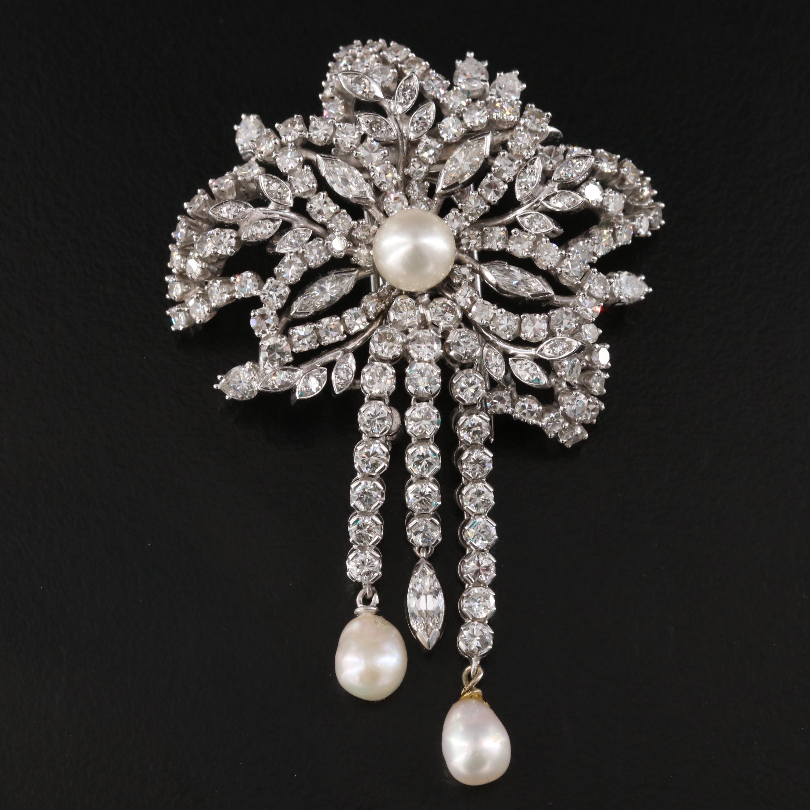 1950s 6.23 CTW Diamond and Pearl  Palladium and Platinum Alloy Floral Brooch