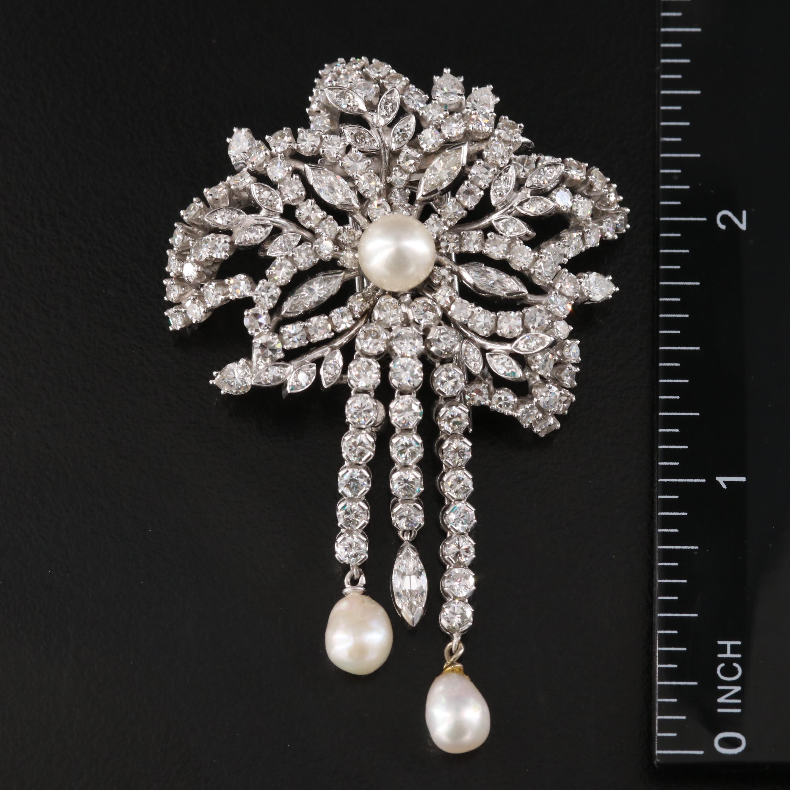 1950s 6.23 CTW Diamond and Pearl  Palladium and Platinum Alloy Floral Brooch