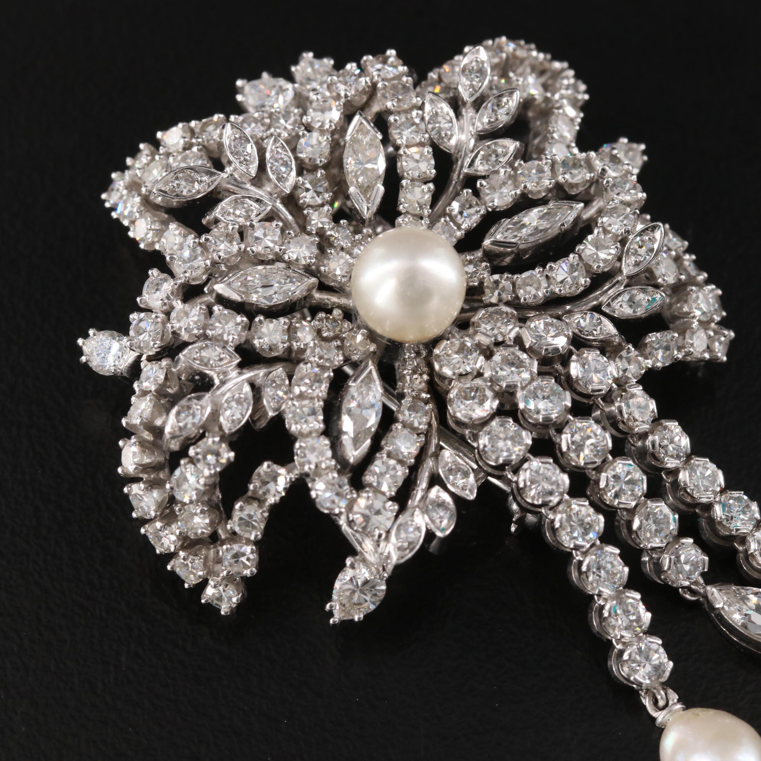1950s 6.23 CTW Diamond and Pearl  Palladium and Platinum Alloy Floral Brooch