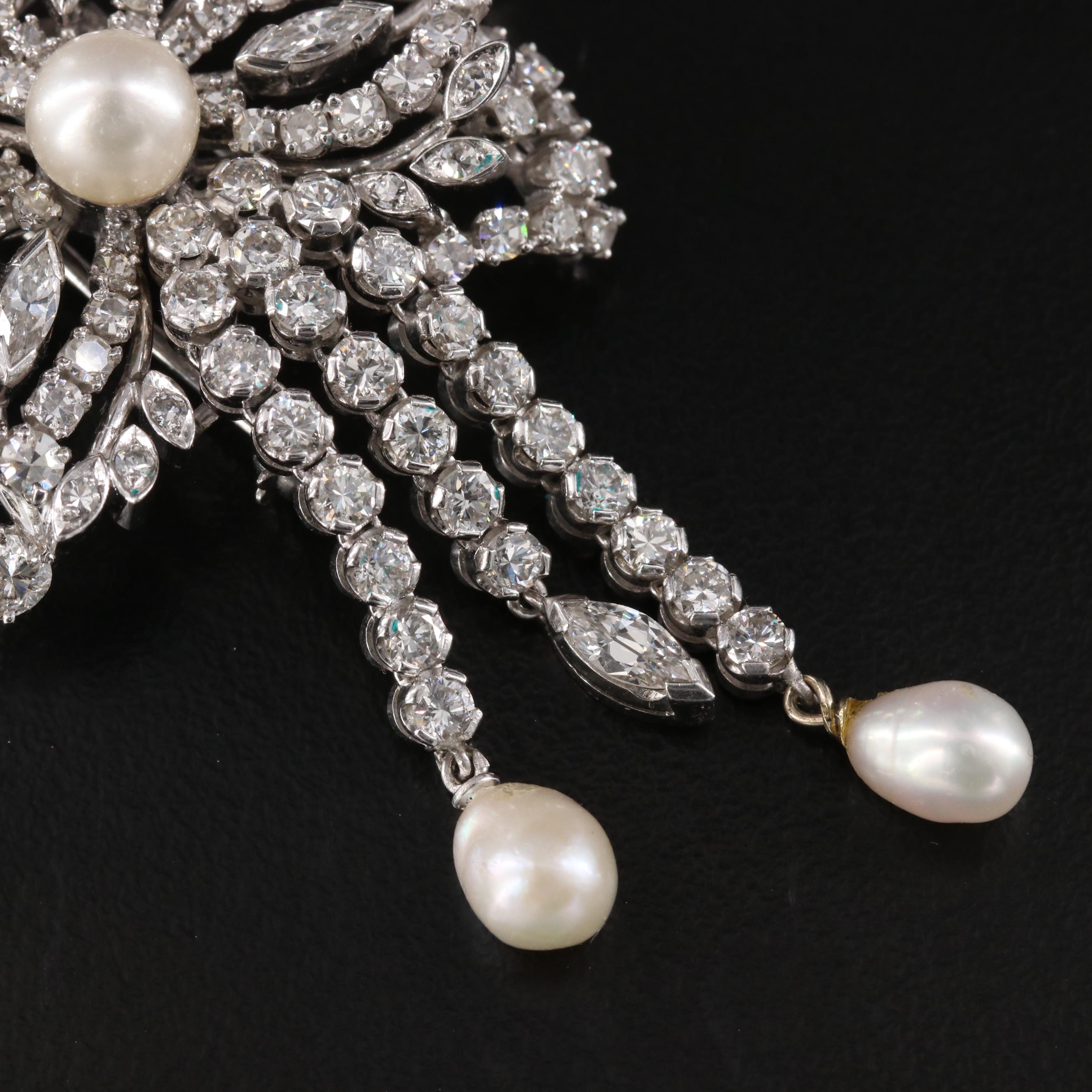 1950s 6.23 CTW Diamond and Pearl  Palladium and Platinum Alloy Floral Brooch