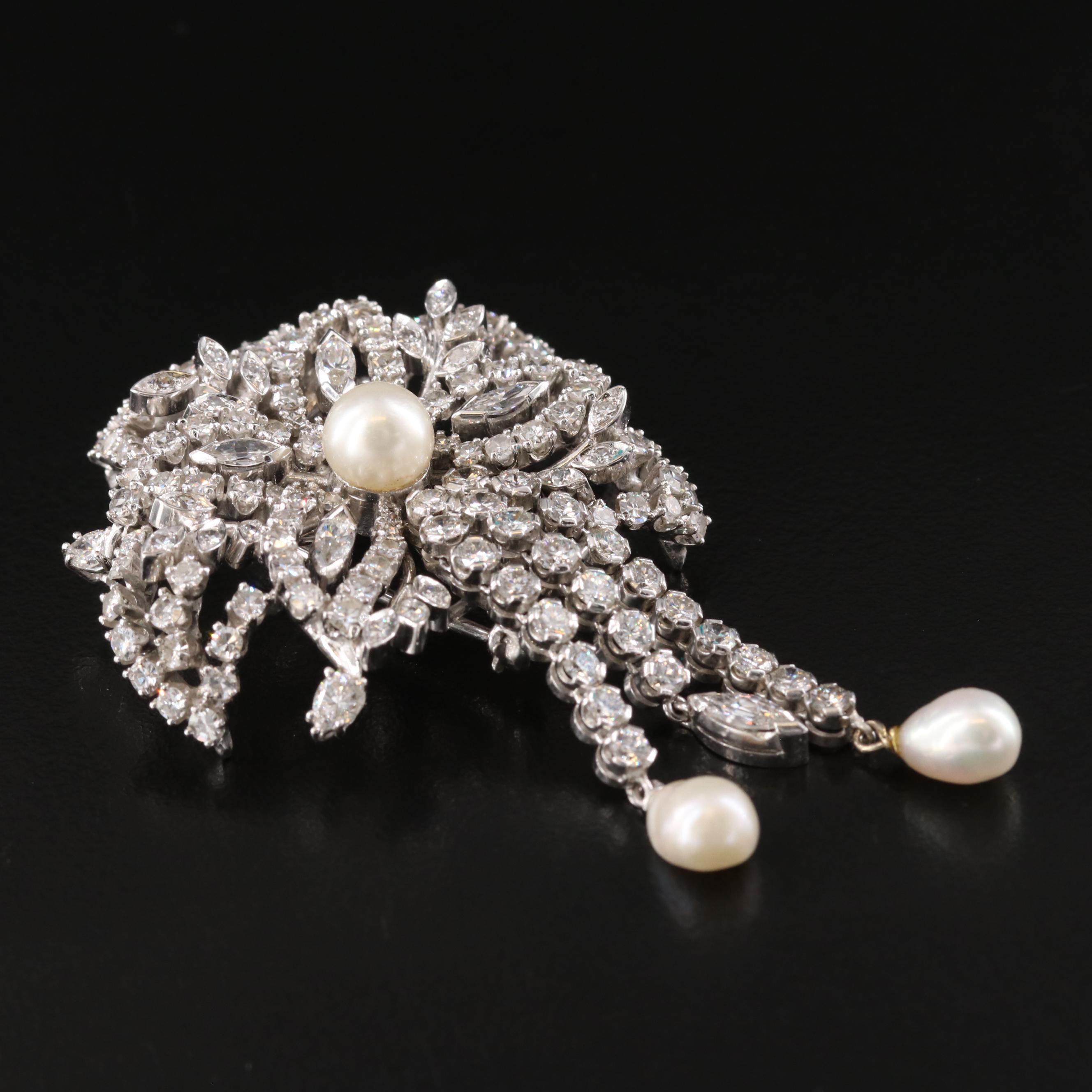 1950s 6.23 CTW Diamond and Pearl  Palladium and Platinum Alloy Floral Brooch
