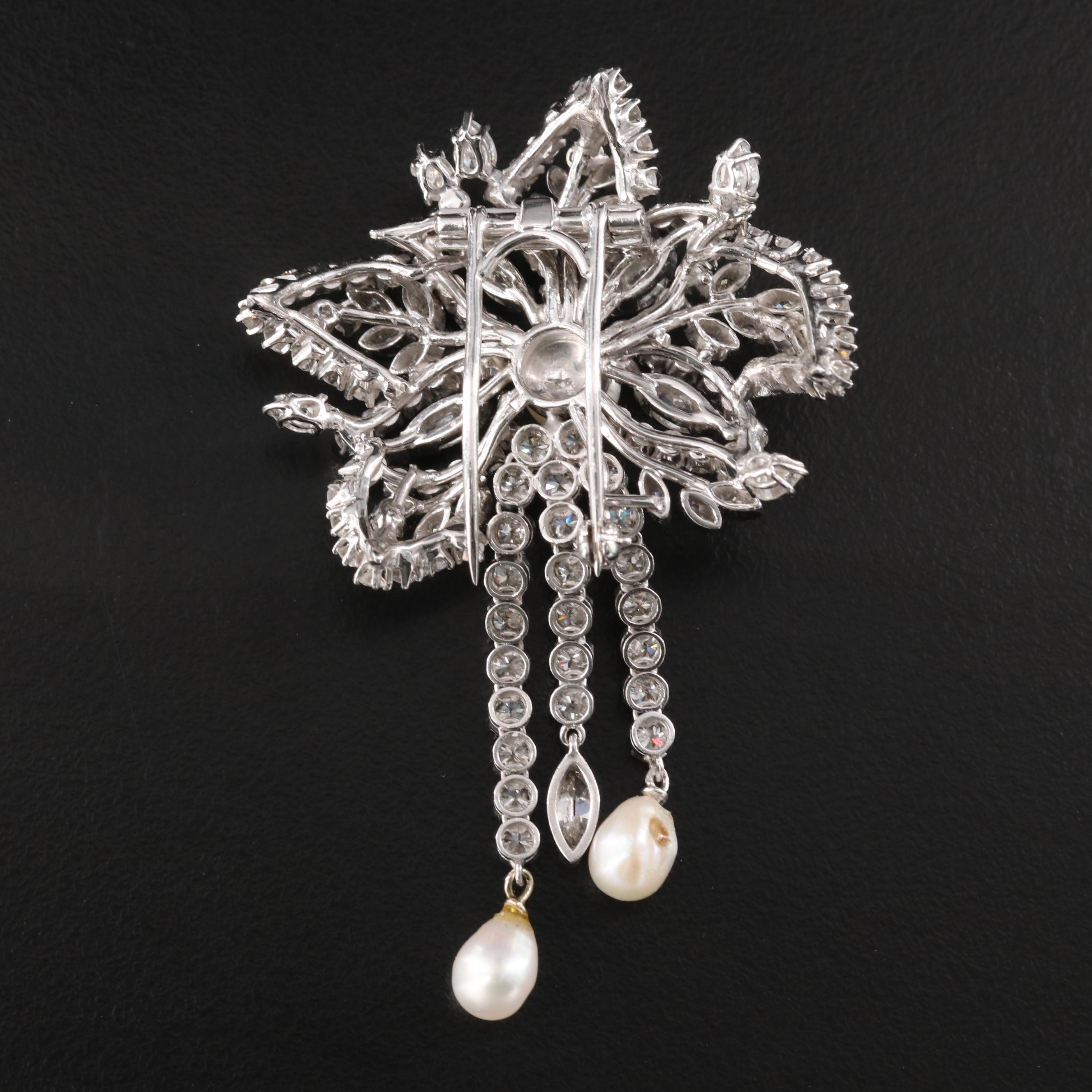1950s 6.23 CTW Diamond and Pearl  Palladium and Platinum Alloy Floral Brooch