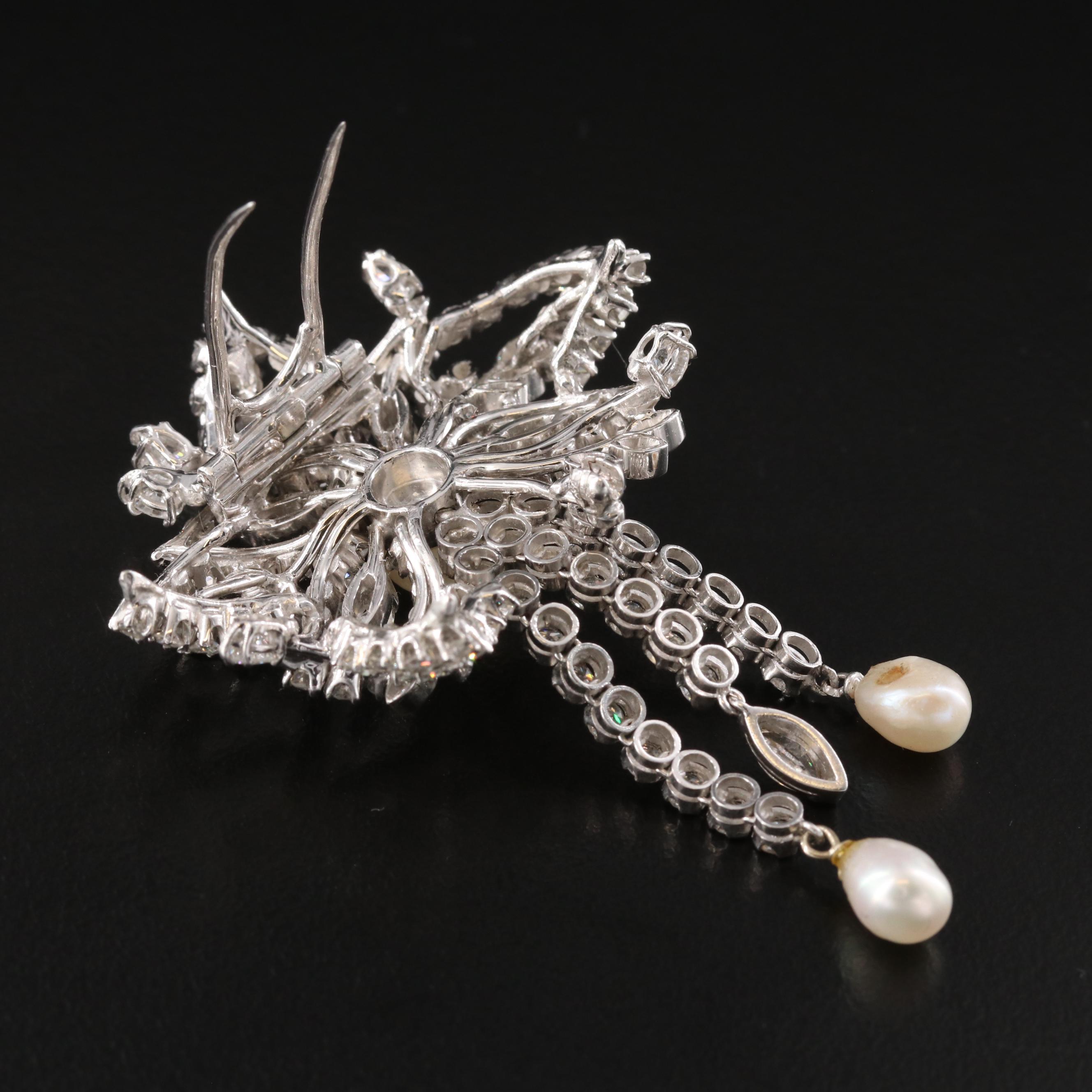 1950s 6.23 CTW Diamond and Pearl  Palladium and Platinum Alloy Floral Brooch