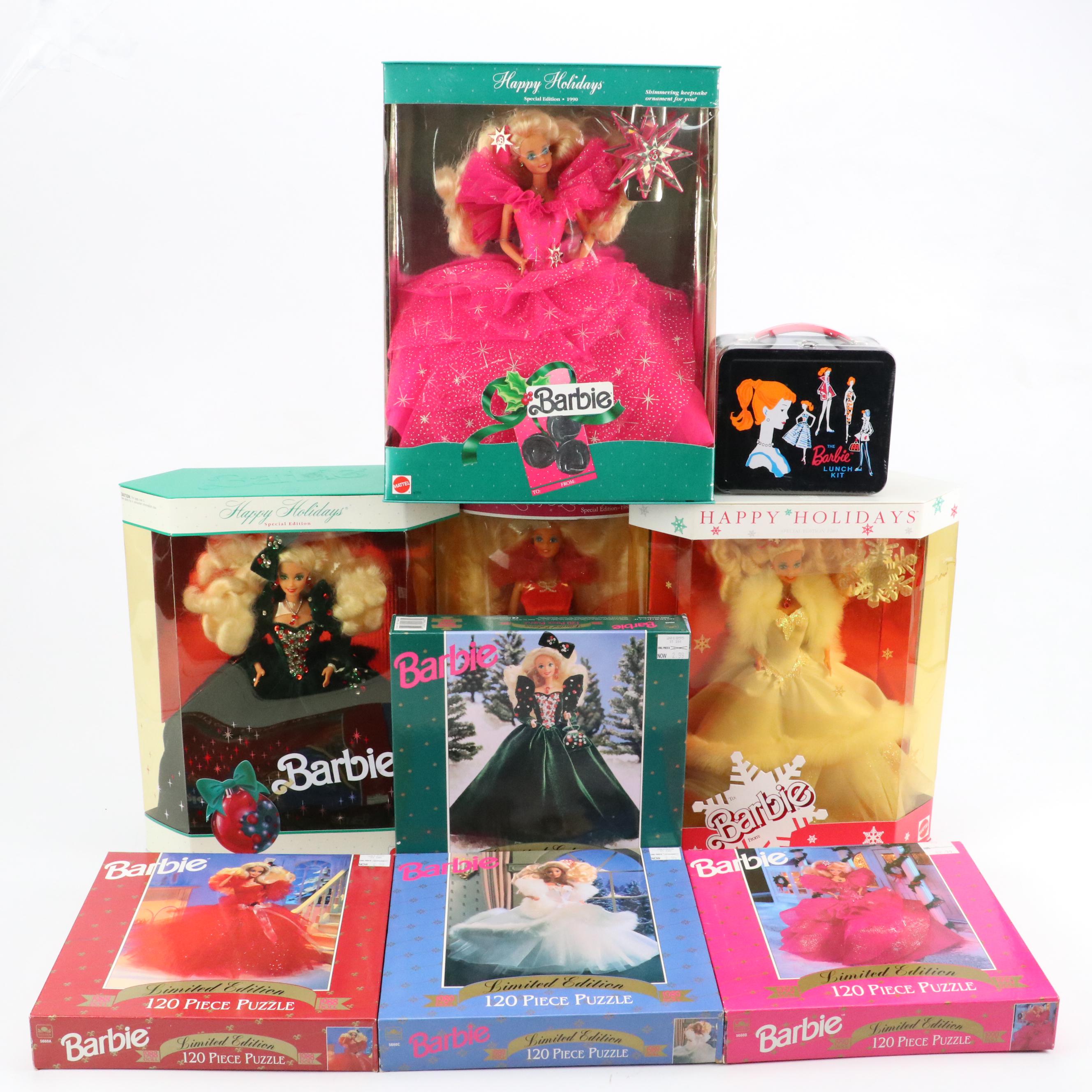 Mattel Barbie "Happy Holiday" Dolls, Puzzles and Lunch Box, 1988