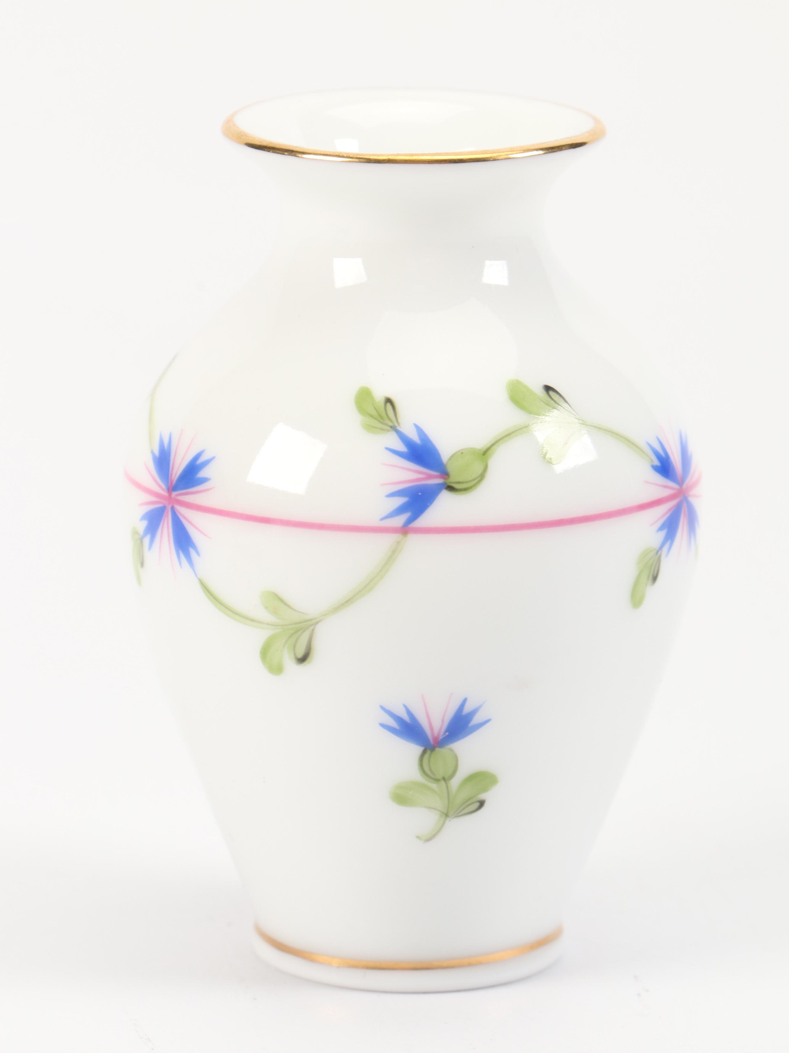 Herend "Blue Garland" Porcelain Bud Vase with "Bird on Leaf" Figurine