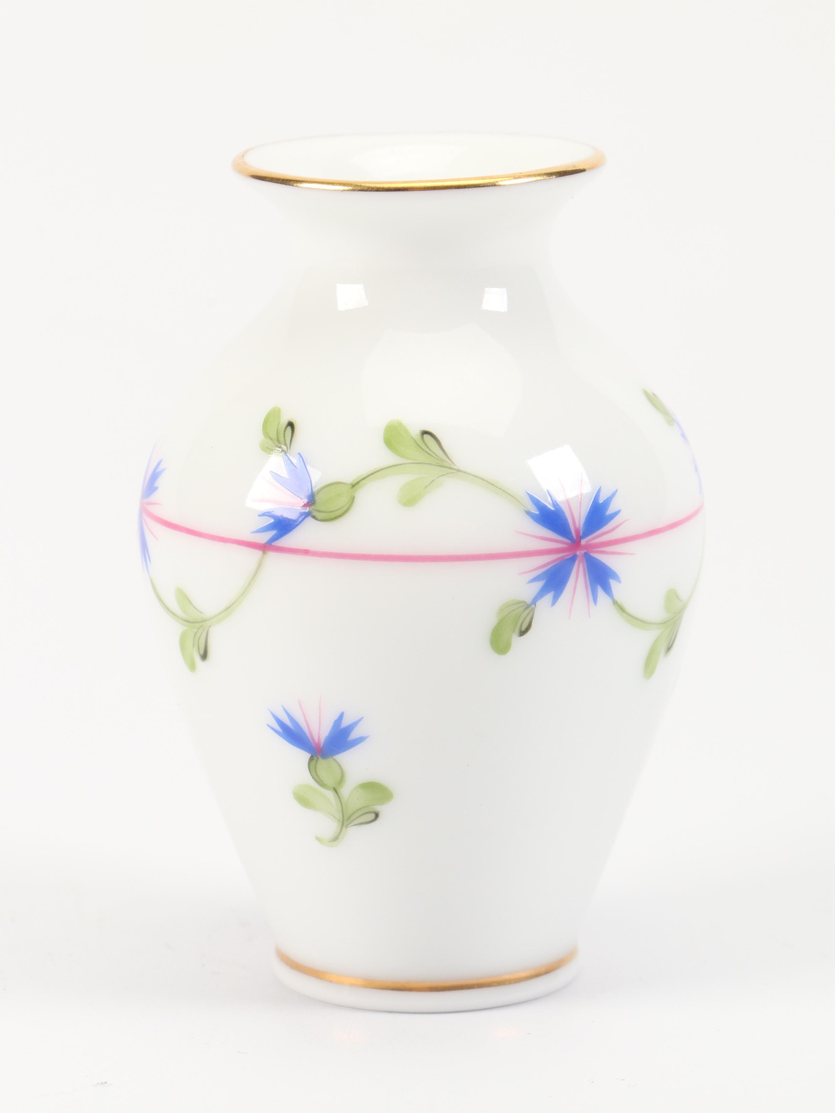 Herend "Blue Garland" Porcelain Bud Vase with "Bird on Leaf" Figurine