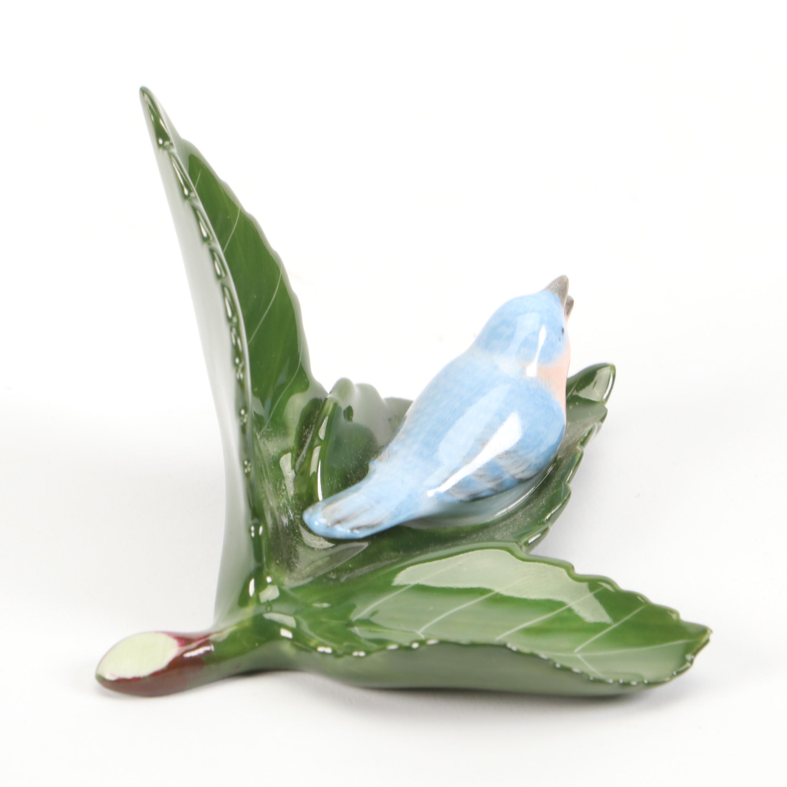 Herend "Blue Garland" Porcelain Bud Vase with "Bird on Leaf" Figurine
