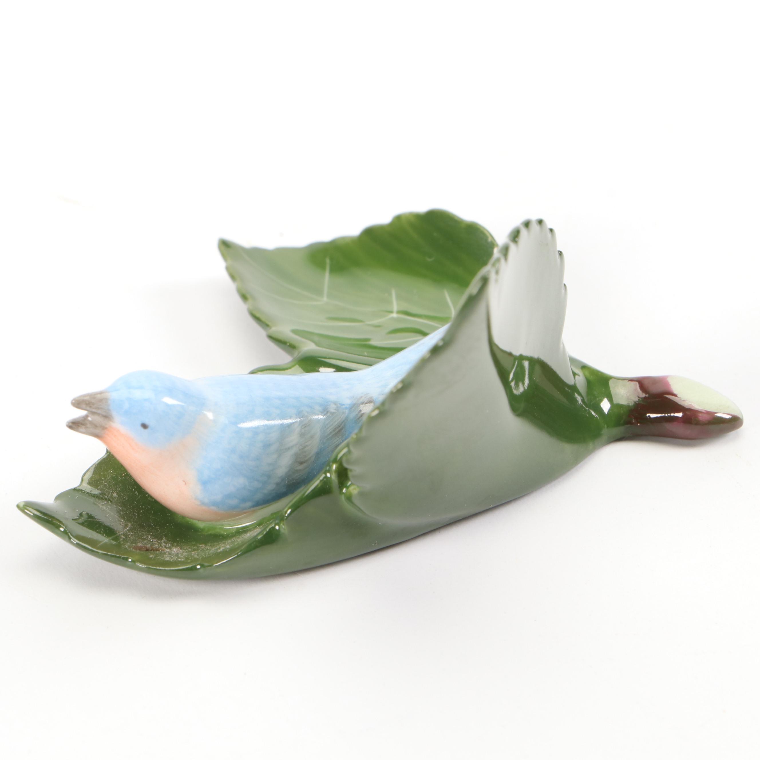 Herend "Blue Garland" Porcelain Bud Vase with "Bird on Leaf" Figurine