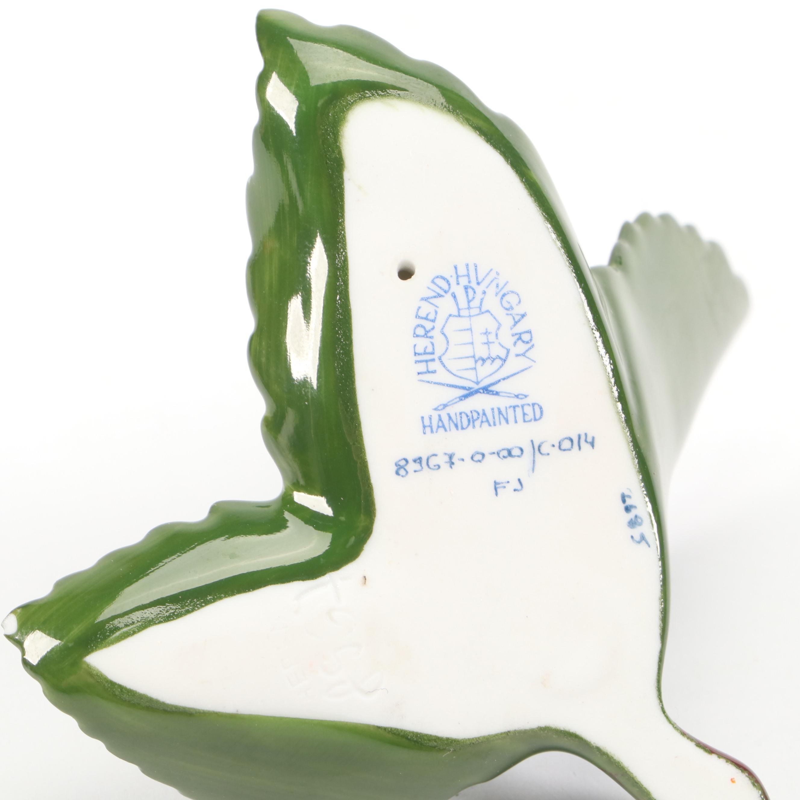 Herend "Blue Garland" Porcelain Bud Vase with "Bird on Leaf" Figurine