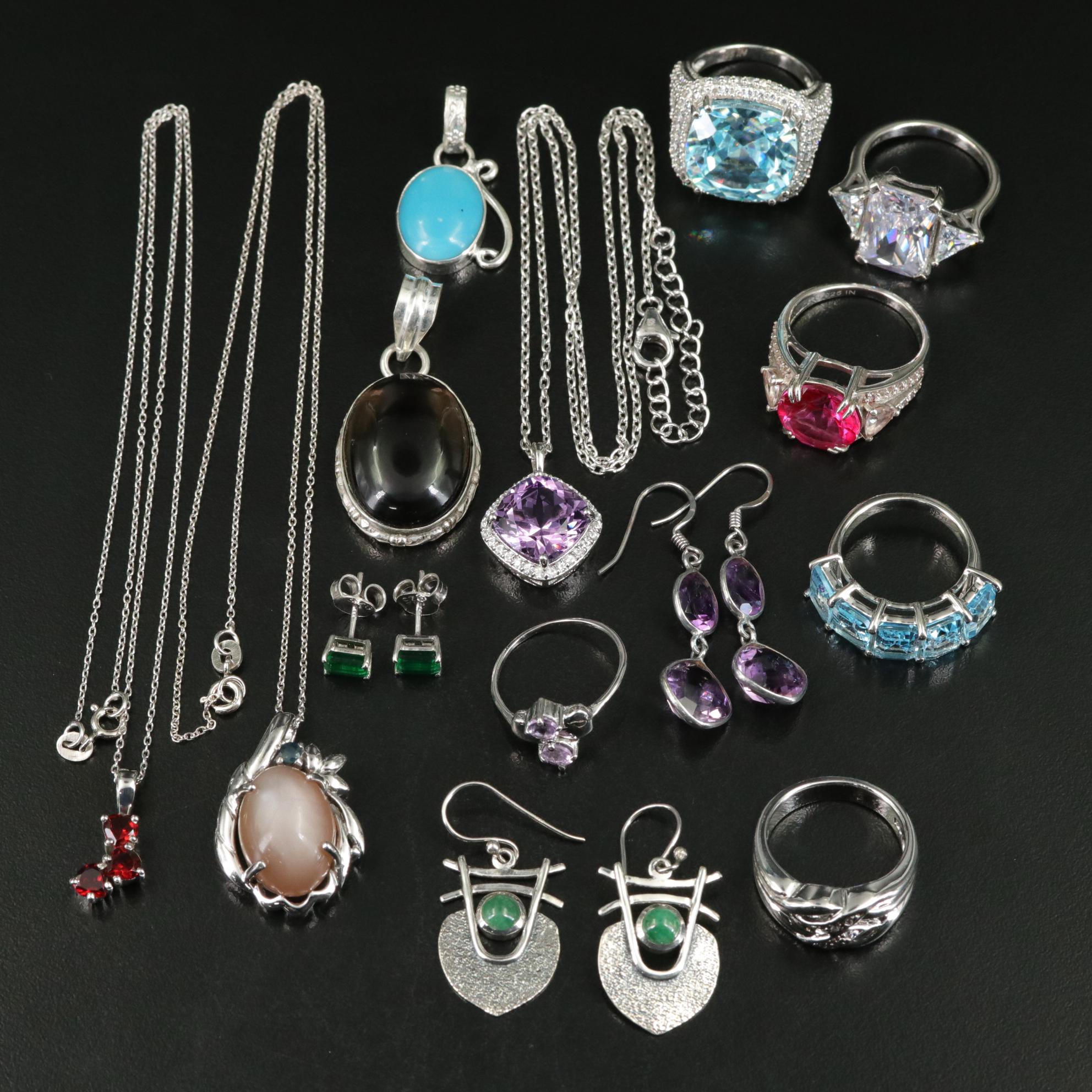 Group of 14 Assorted Sterling Silver Rings, Necklaces, Earrings, and Pendants