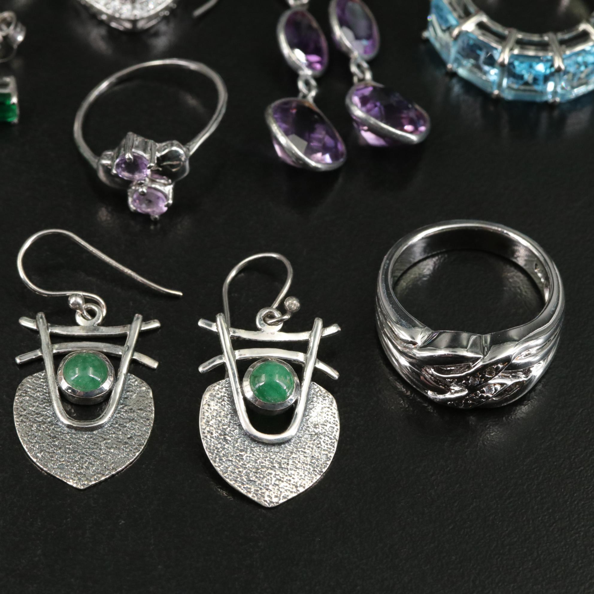 Group of 14 Assorted Sterling Silver Rings, Necklaces, Earrings, and Pendants