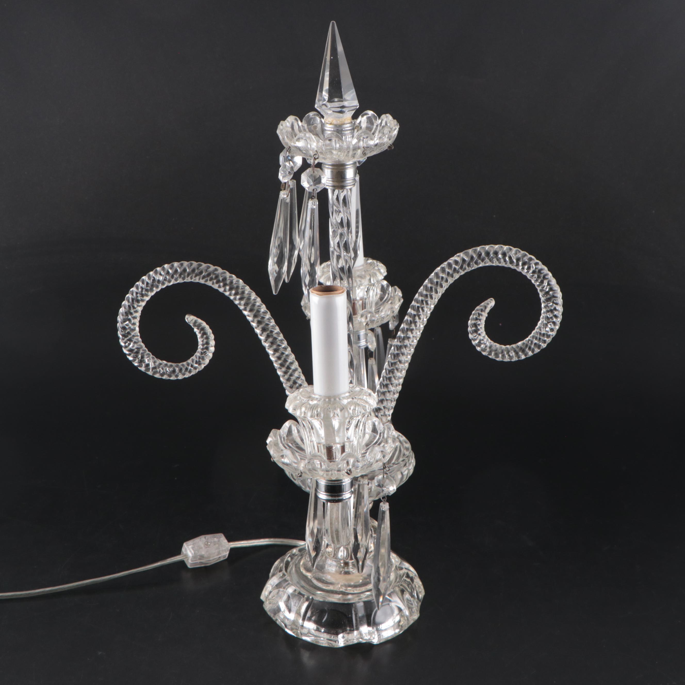 Pair of Pressed Glass and Crystal Girandole Lamps, Adapted Late 20th Century