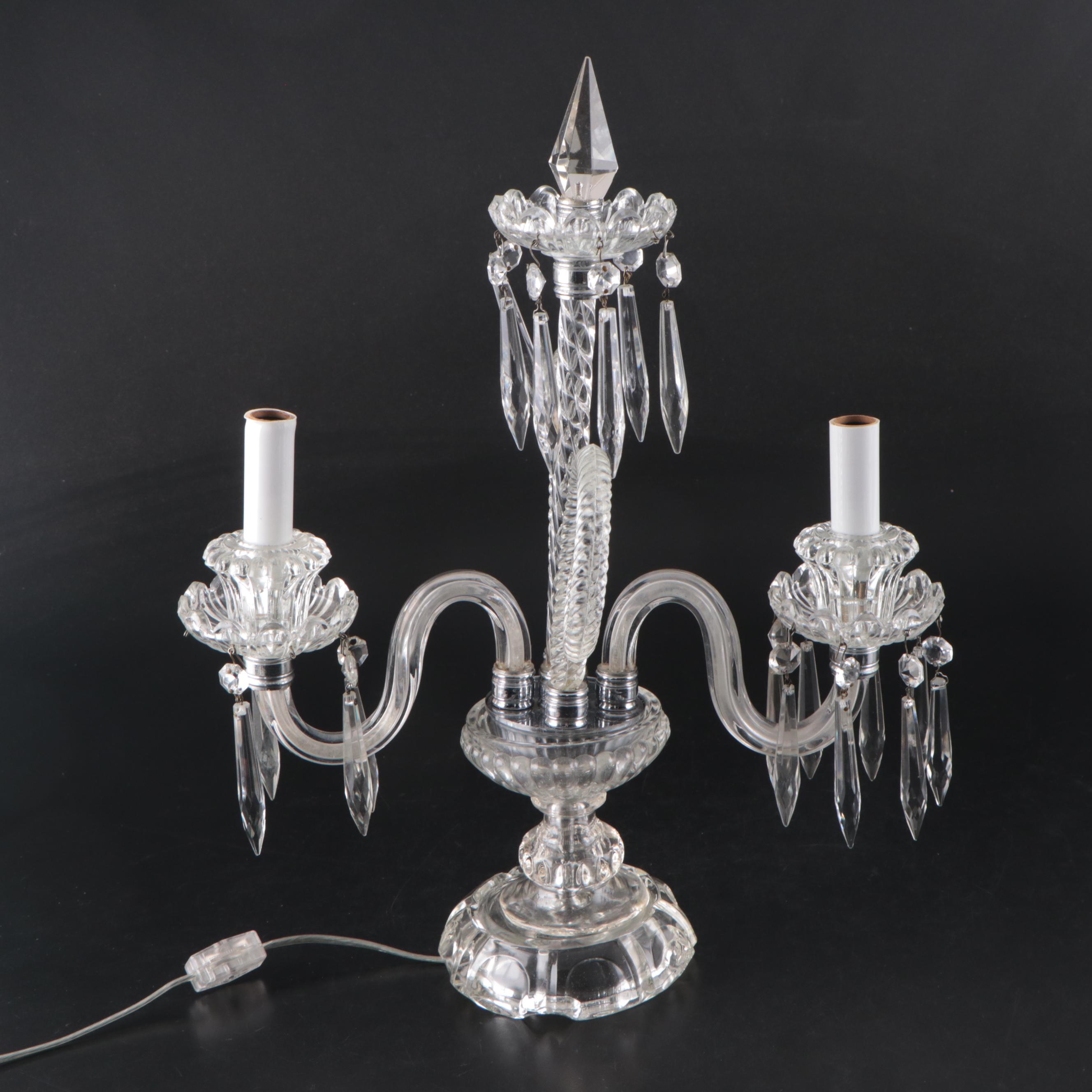 Pair of Pressed Glass and Crystal Girandole Lamps, Adapted Late 20th Century