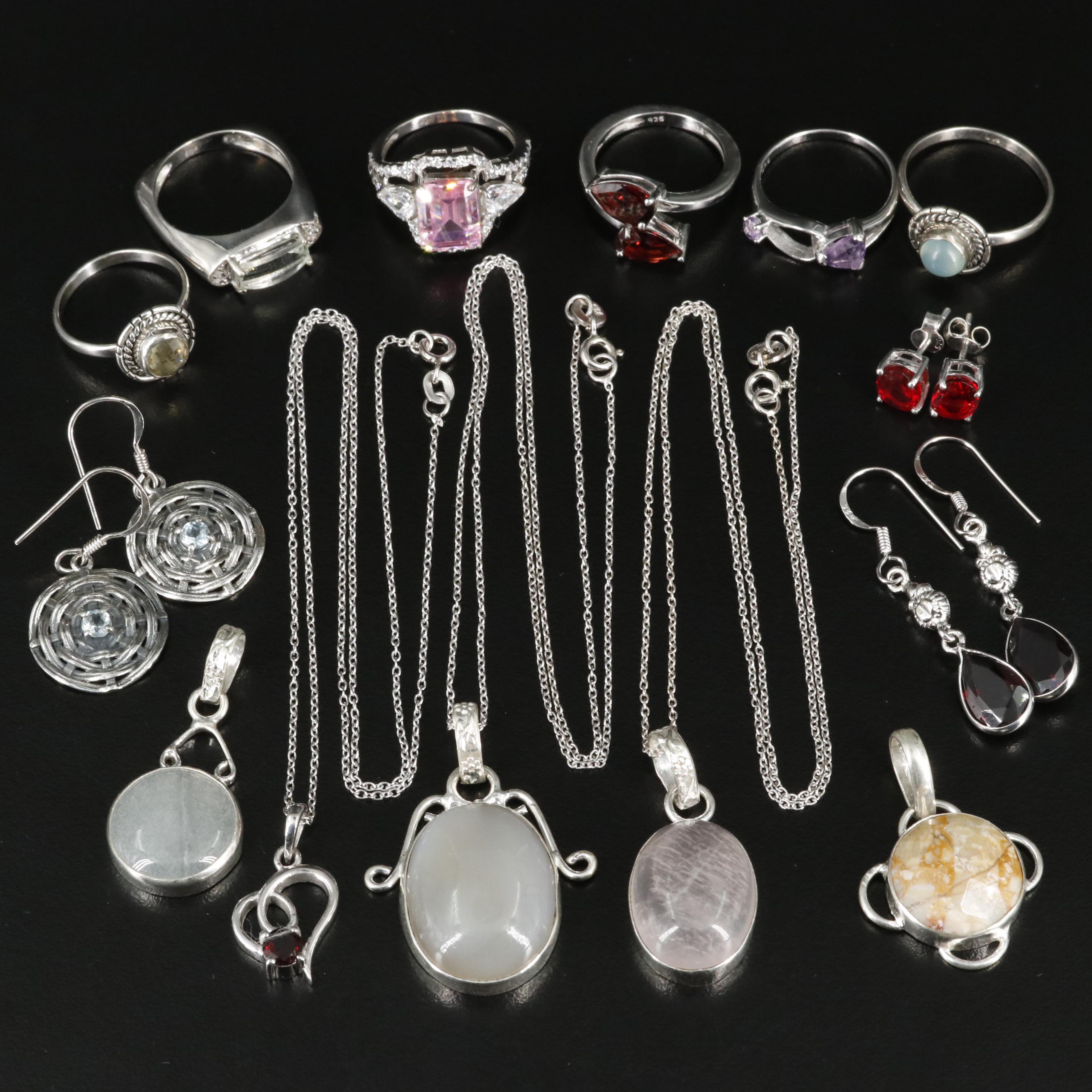 Group of 14 Assorted Sterling Silver Rings, Necklaces, Earrings, and Pendants