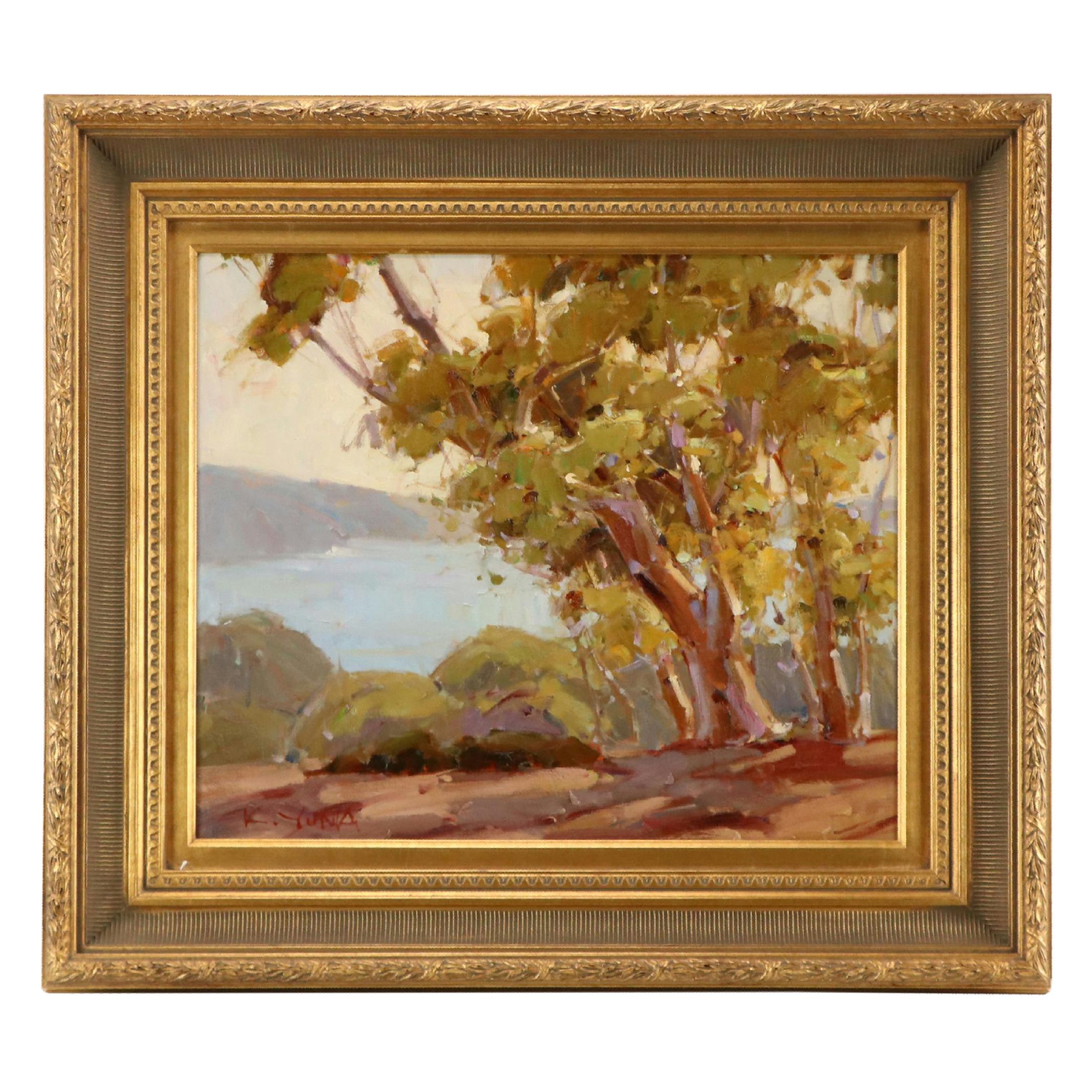 K. Yunia Impressionistic Oil Painting of Vast Lakeside Landscape, 21st Century