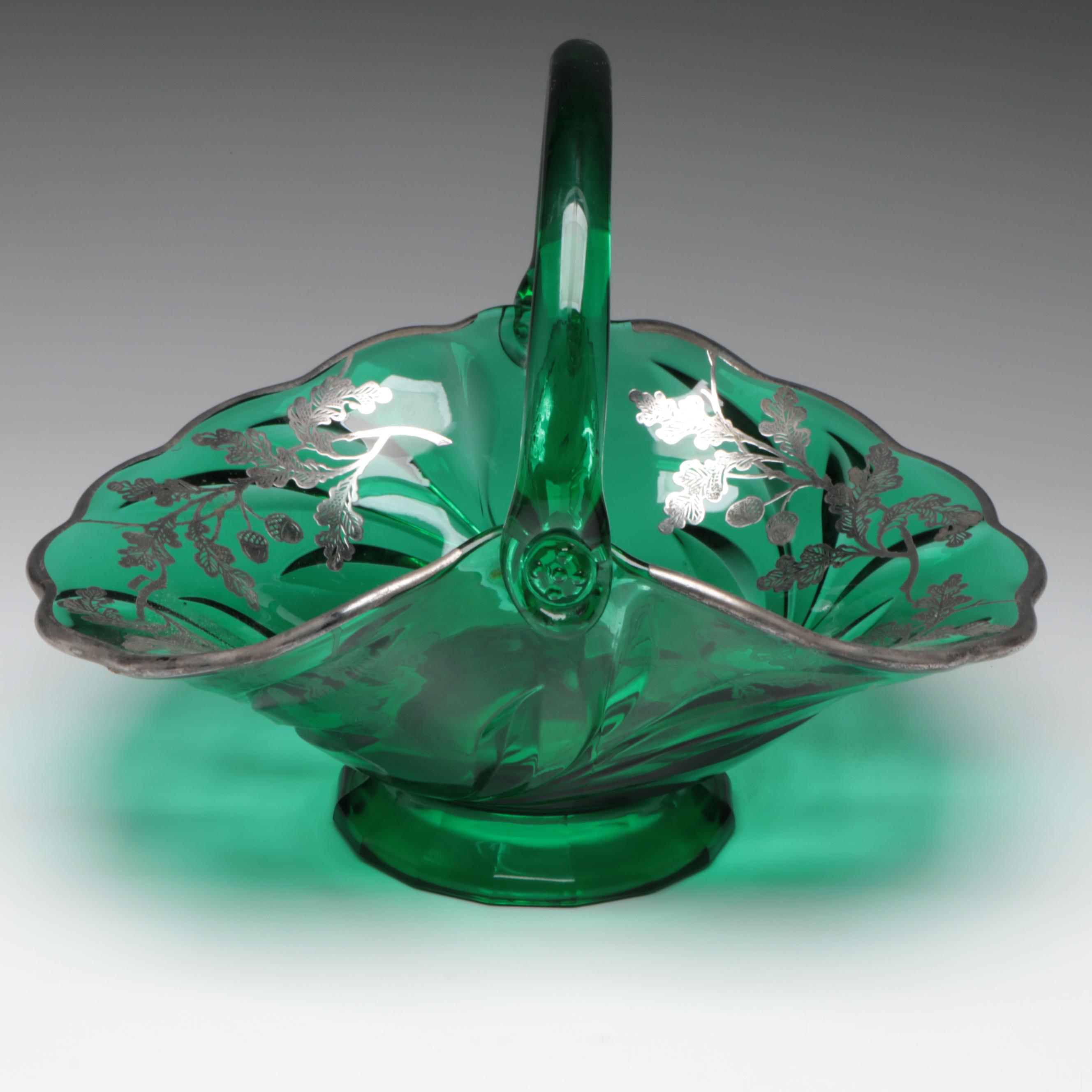 Emerald Green Glass Basket with Floral Motif Sterling Silver Overlay
