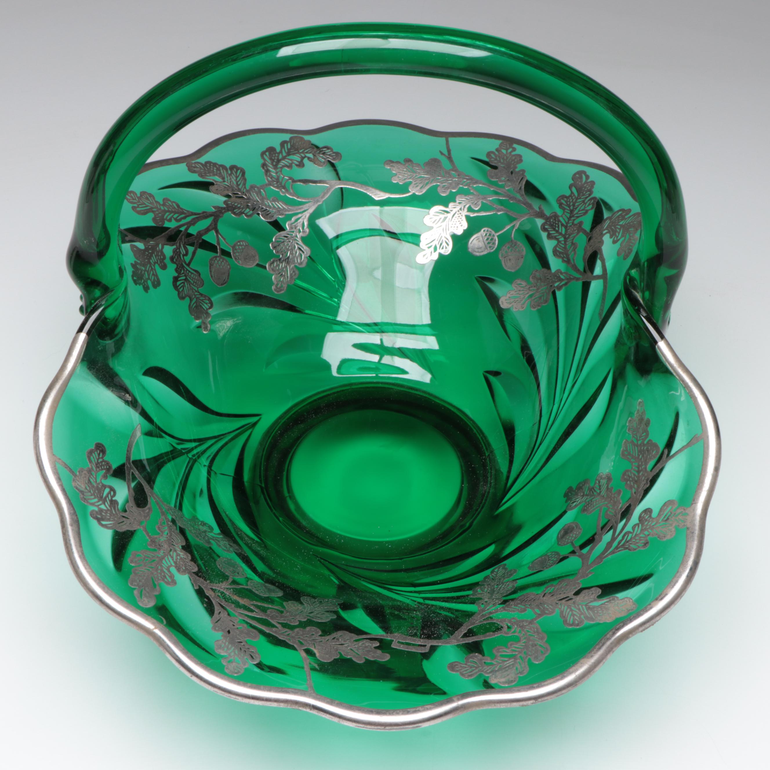 Emerald Green Glass Basket with Floral Motif Sterling Silver Overlay
