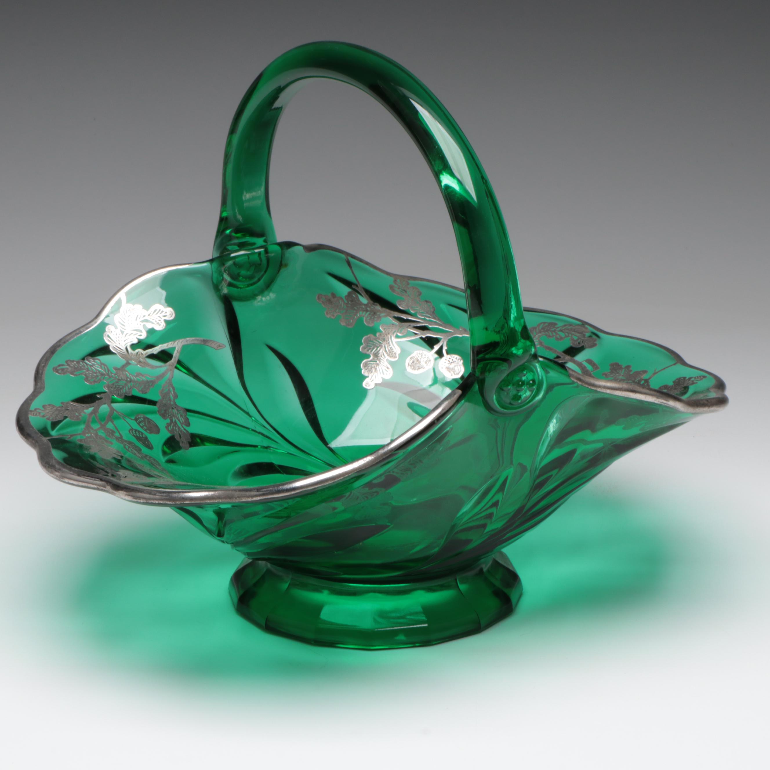 Emerald Green Glass Basket with Floral Motif Sterling Silver Overlay