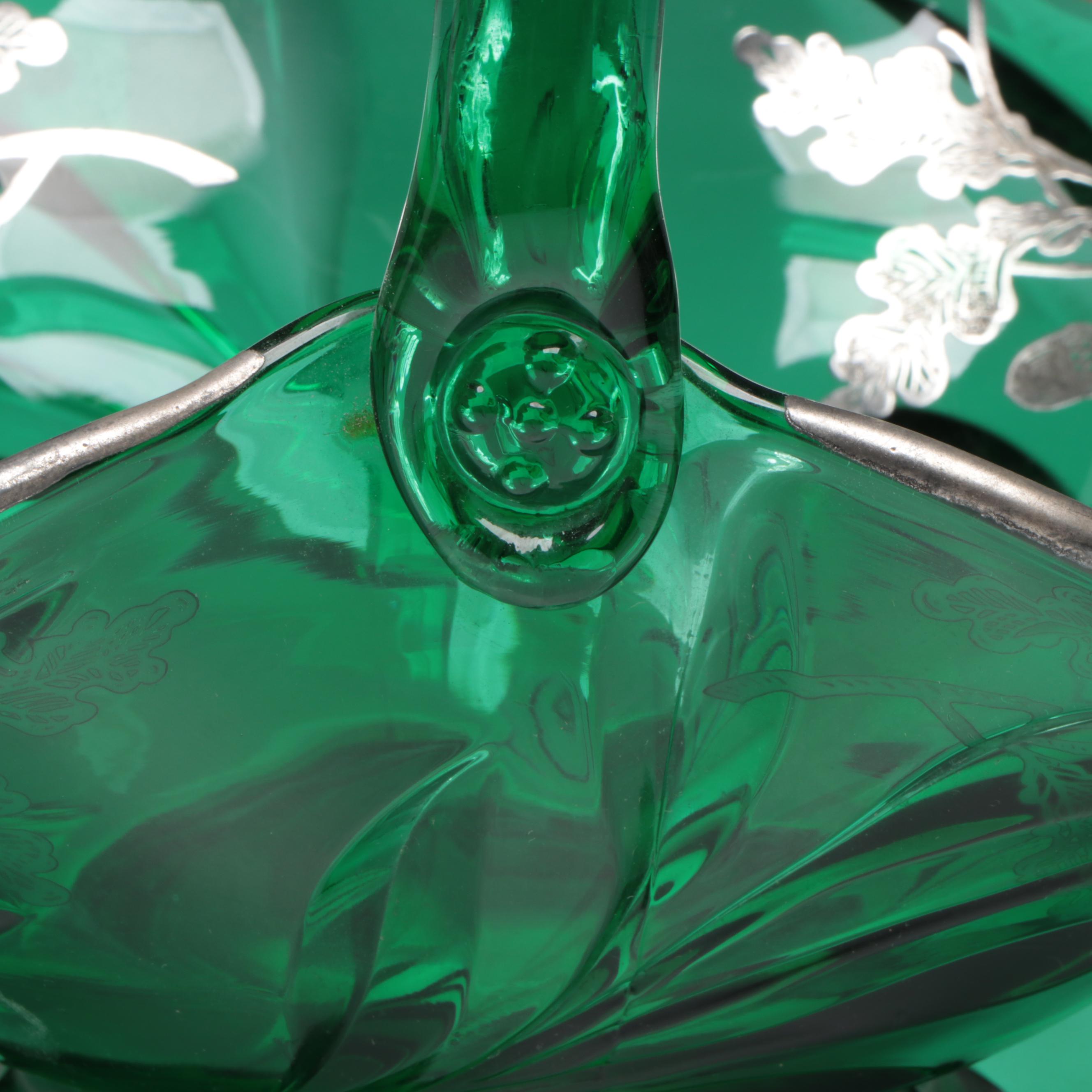 Emerald Green Glass Basket with Floral Motif Sterling Silver Overlay