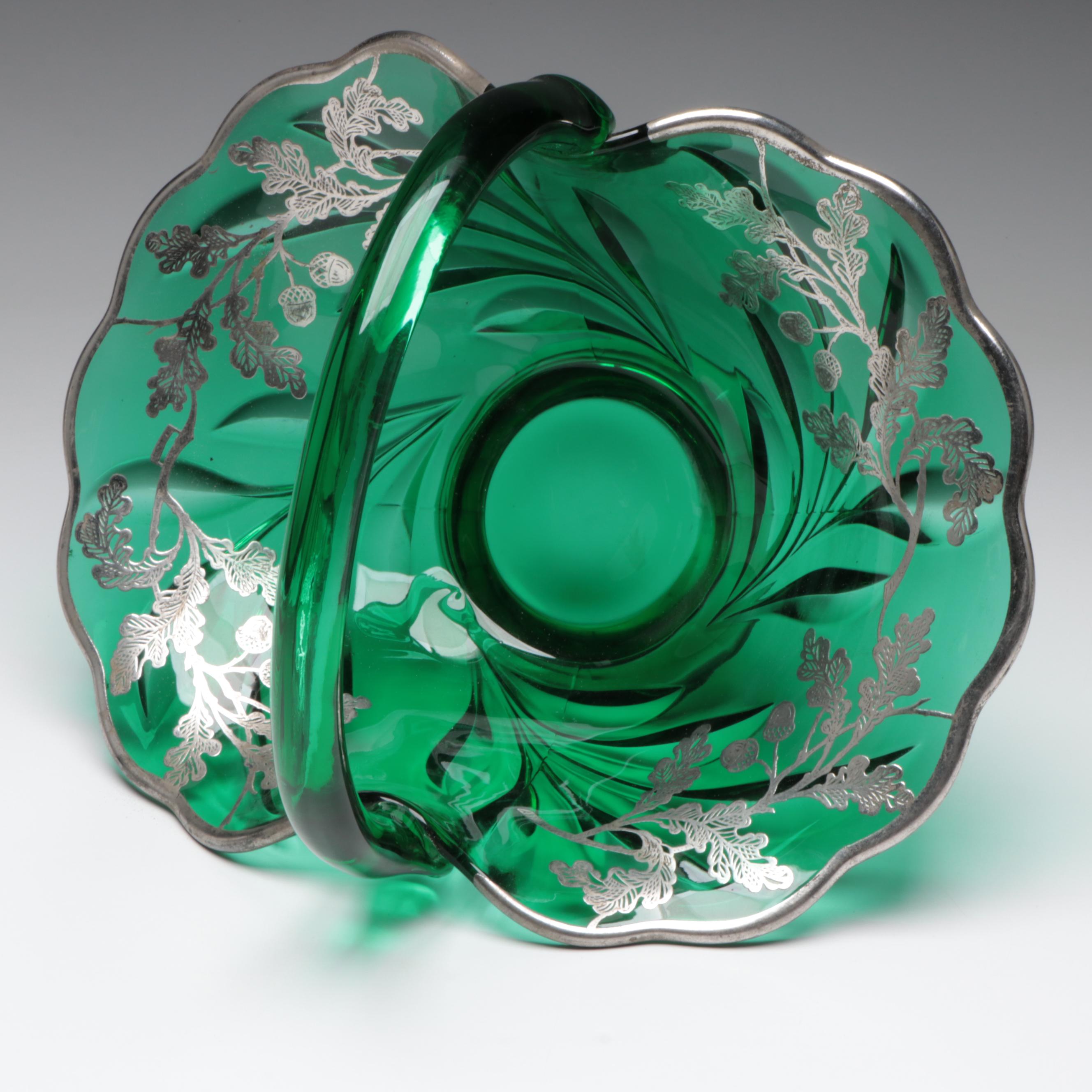 Emerald Green Glass Basket with Floral Motif Sterling Silver Overlay