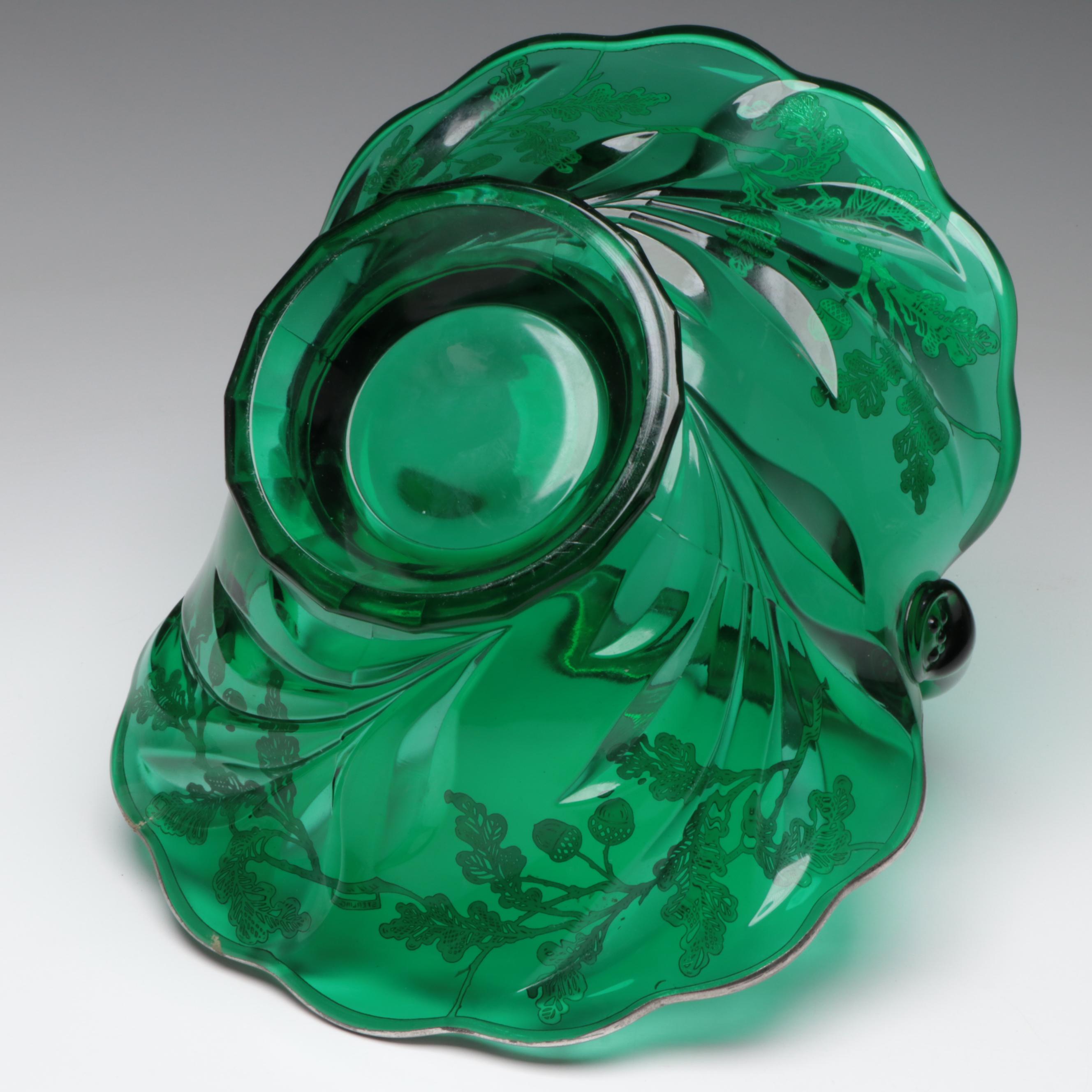 Emerald Green Glass Basket with Floral Motif Sterling Silver Overlay