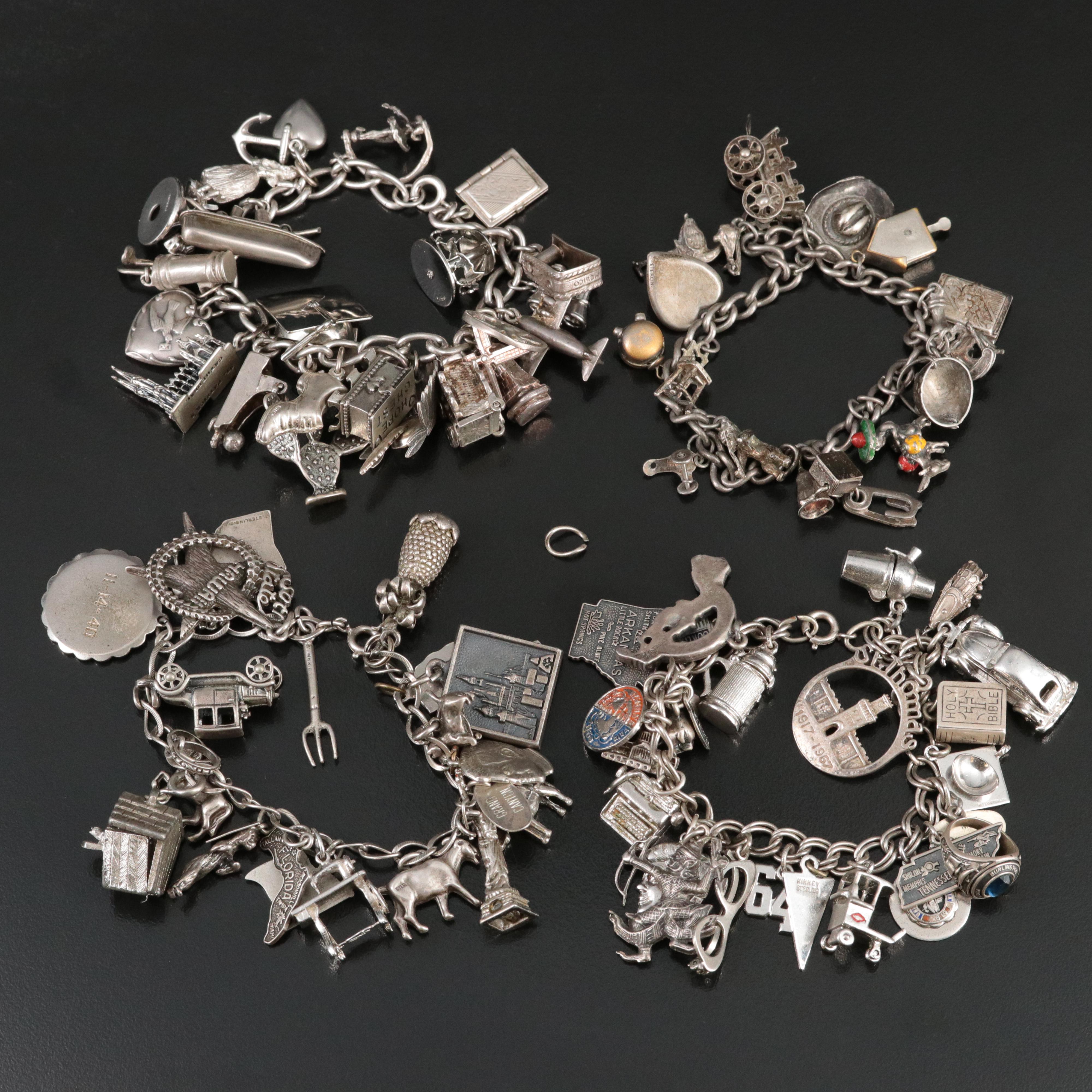 Sterling Charm Bracelets Including Rhinestone, Turquoise and Enamel