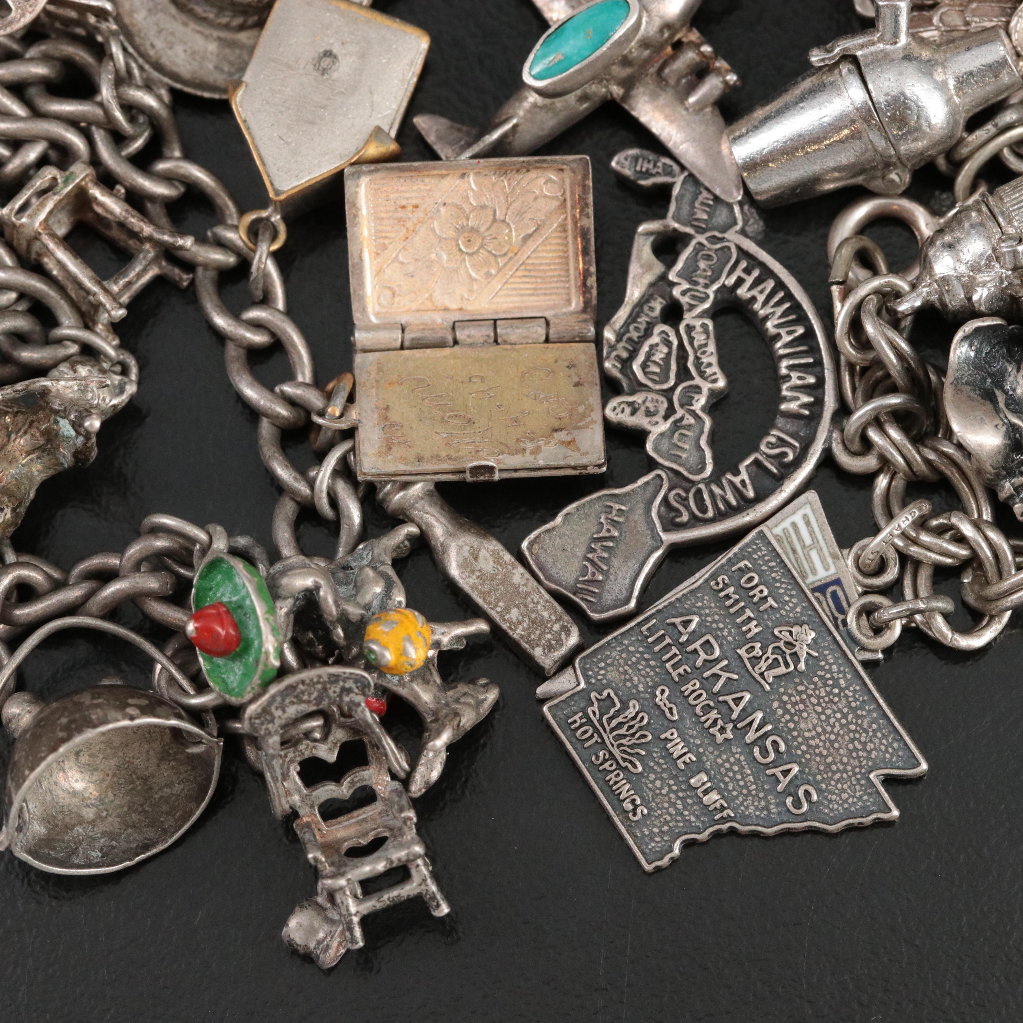 Sterling Charm Bracelets Including Rhinestone, Turquoise and Enamel