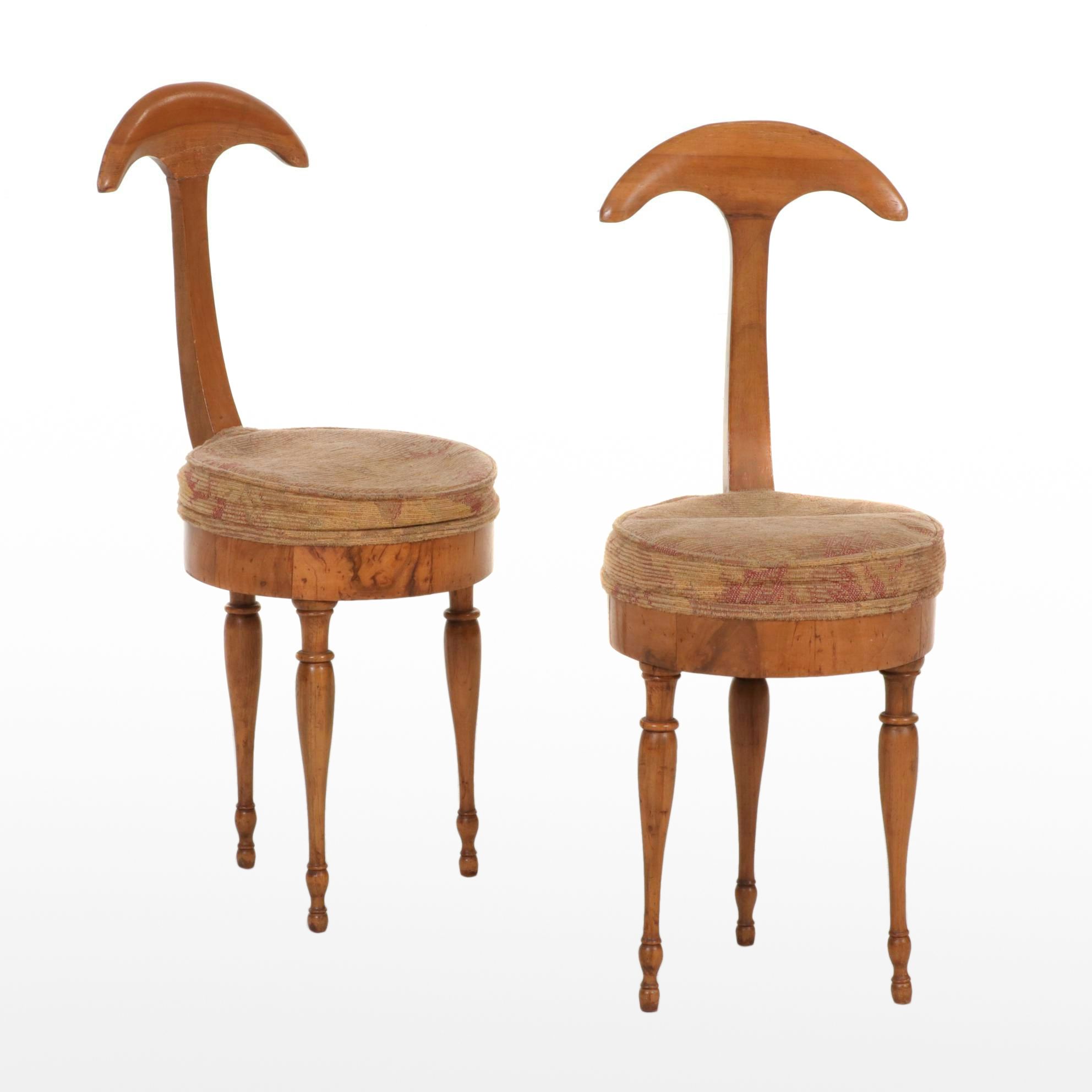 Pair of Italian Burlwood Three Leg "Cockfight" Chairs, Early 20th Century