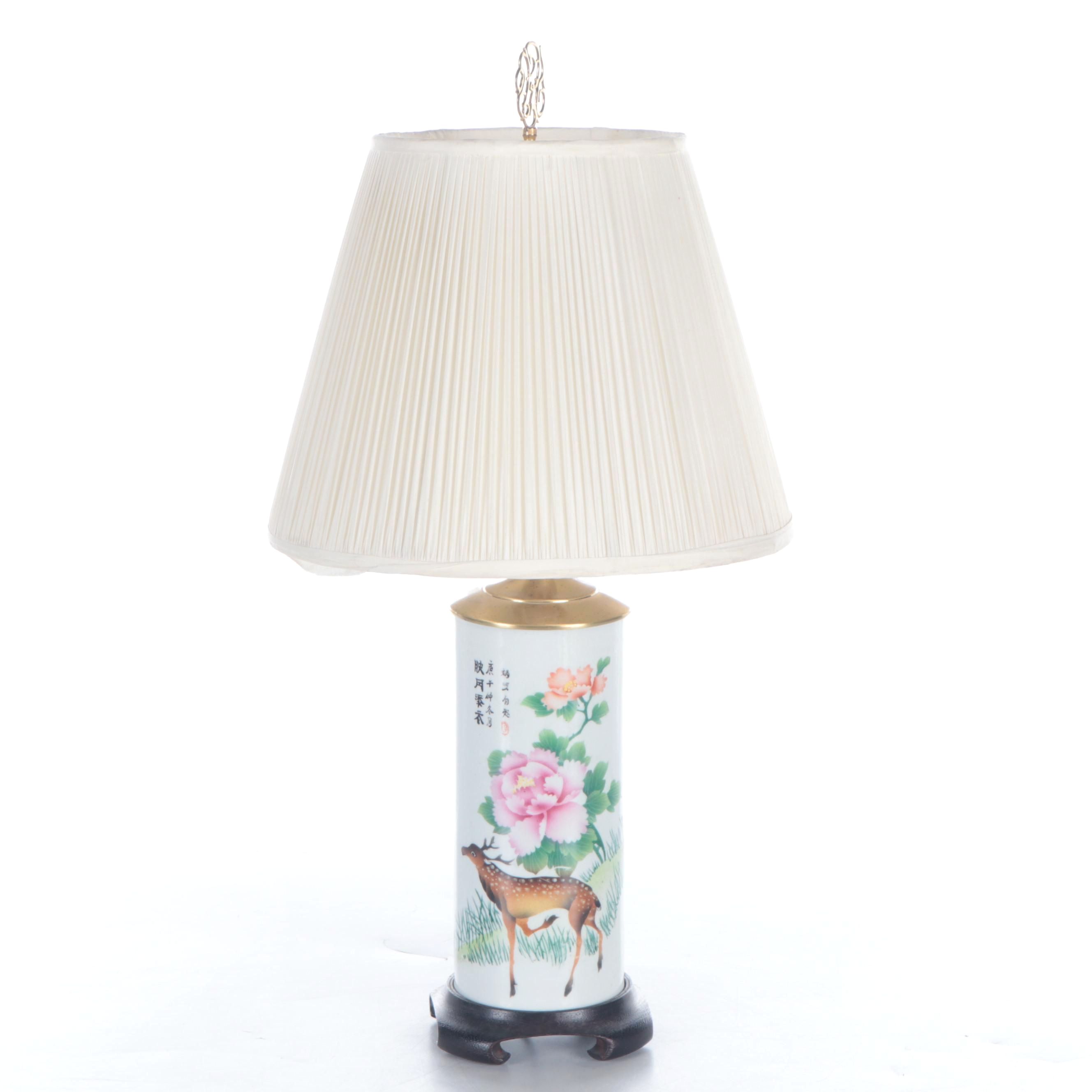 Chinese Porcelain Hat Stand Table Lamp with Ruched Shade