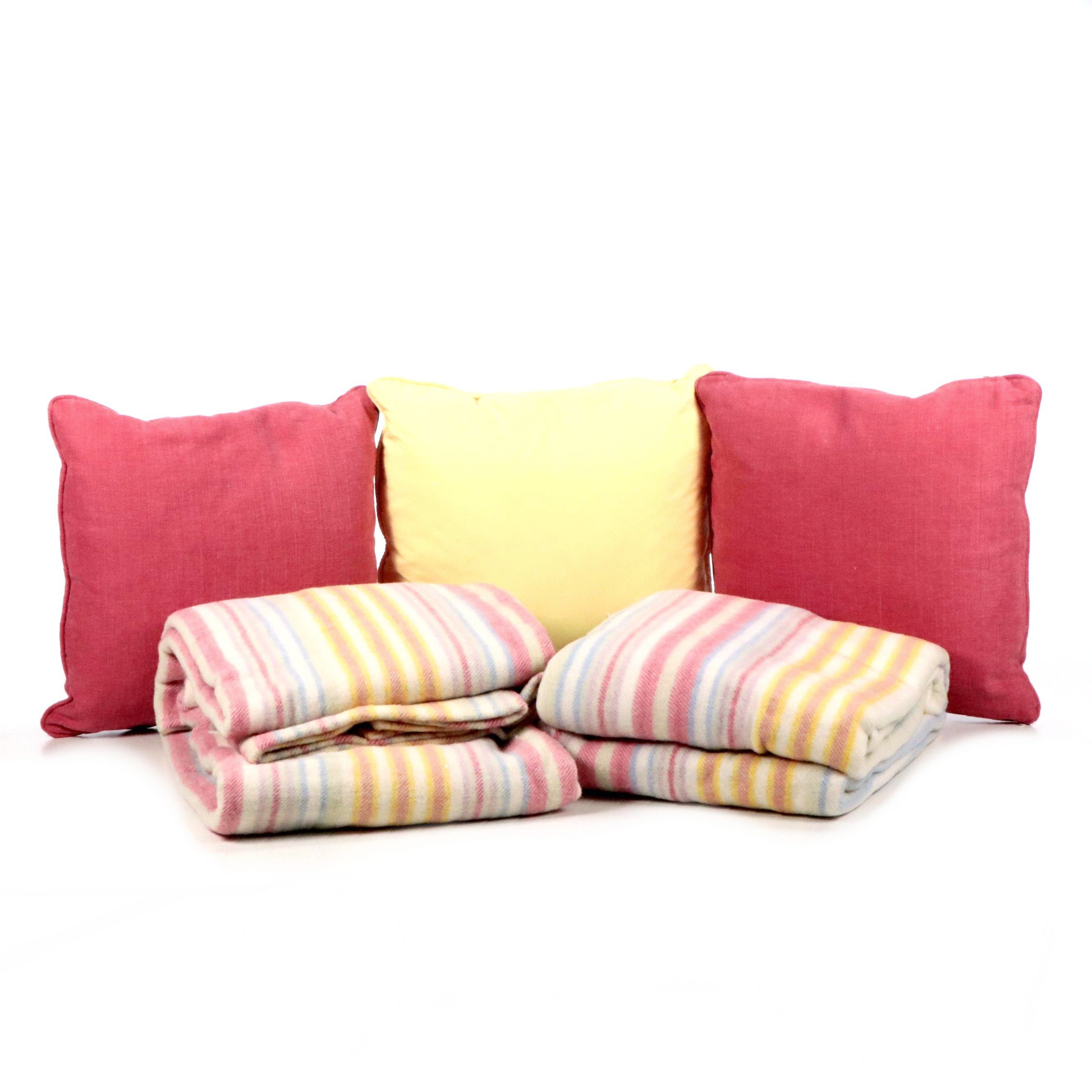 Pair of Matching Wool Blankets with Other Linen and Polyester Accent Pillows