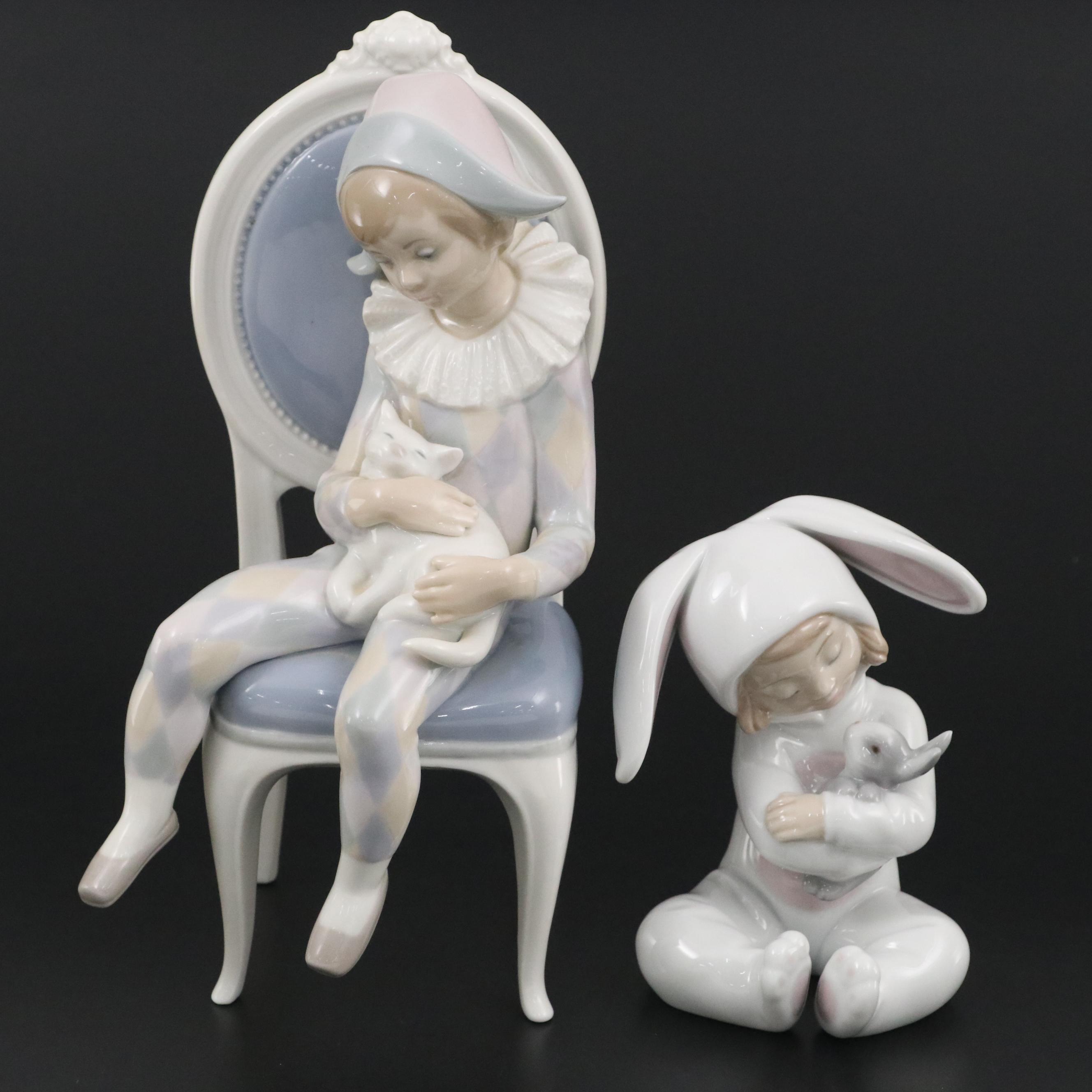 Lladró "Young Harlequin" Holding a Cat and "Bunny Hugs" Porcelain Figurines