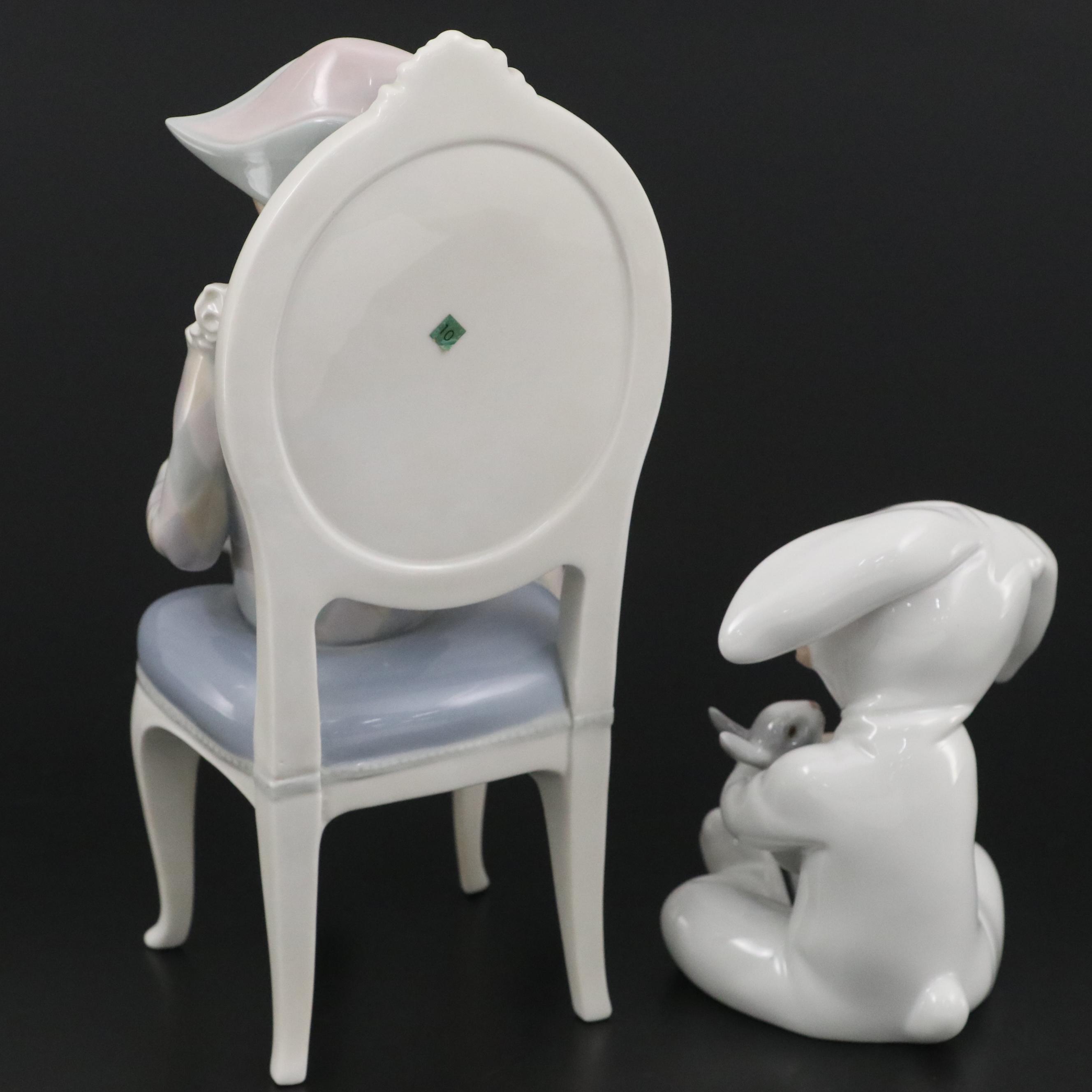 Lladró "Young Harlequin" Holding a Cat and "Bunny Hugs" Porcelain Figurines